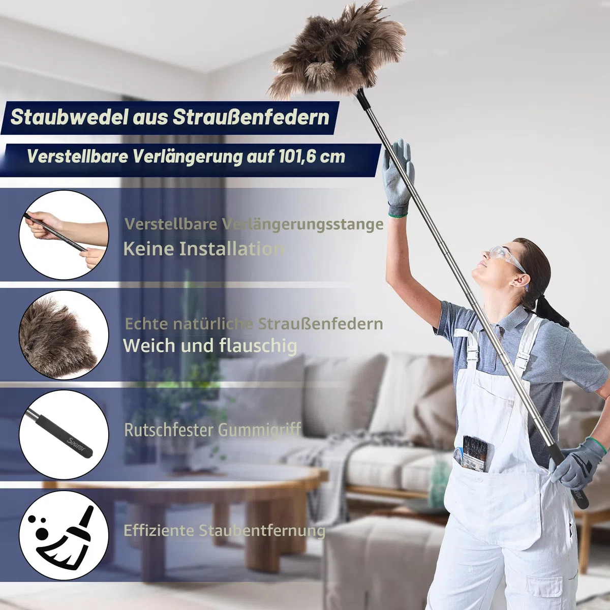 Soarer Ausziehbarer Straußenfeder-Staubwedel – 101,6 cm Flauschiger Langer Griff, wiederverwendbarer Staubwedel zur Reinigung von Deckenventilatoren, Hängelampen, hohen Decken, Jalousien, Möbeln