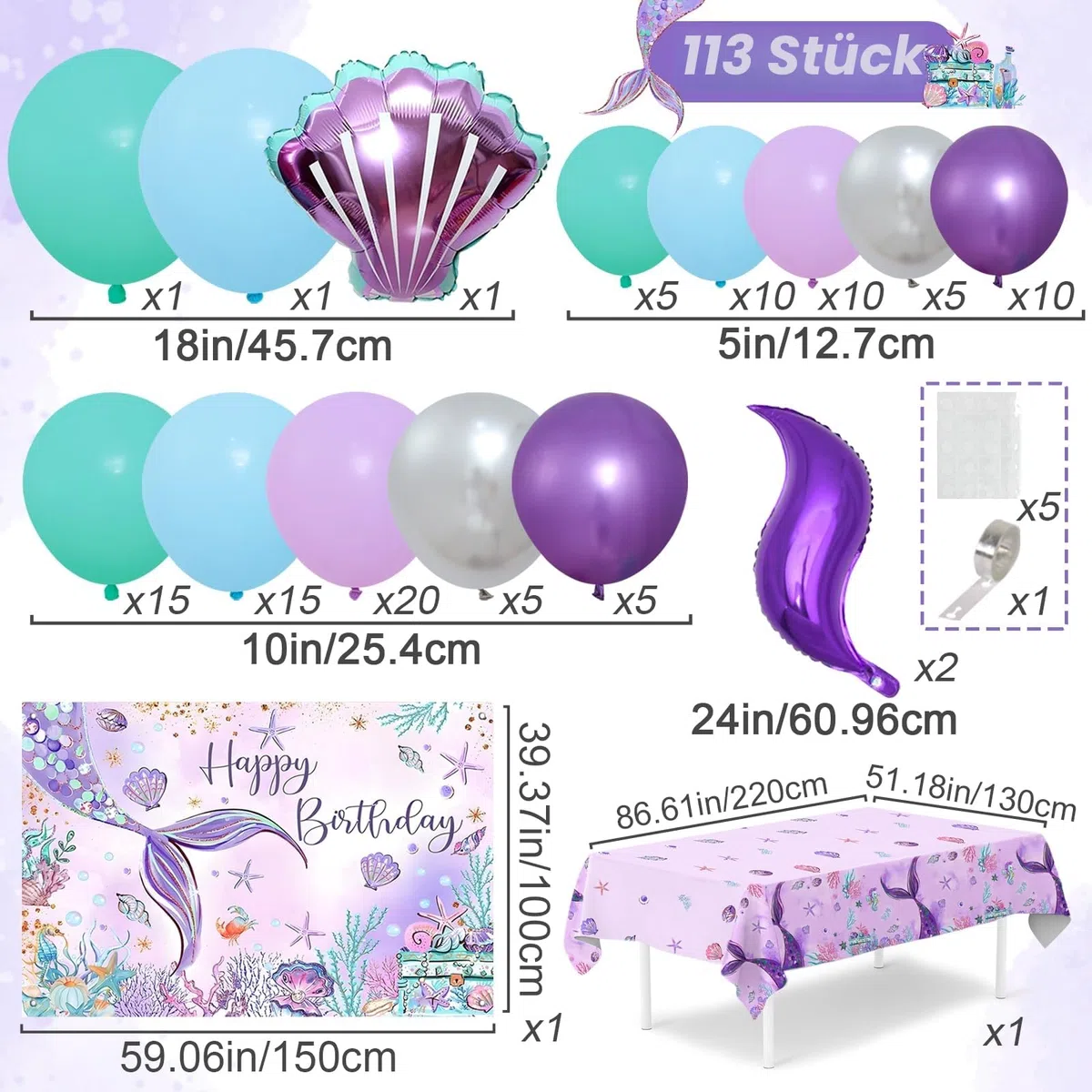 Meerjungfrau Geburtstag Deko Set - 109pcs Meerjungfrau Luftballon mit ballons Lila Blau Mermaid Tail, Meerjungfrauen Tischdecke Hintergrund für Ariel Deko Geburtstag Mädchen, Meerjungfrauen Deko