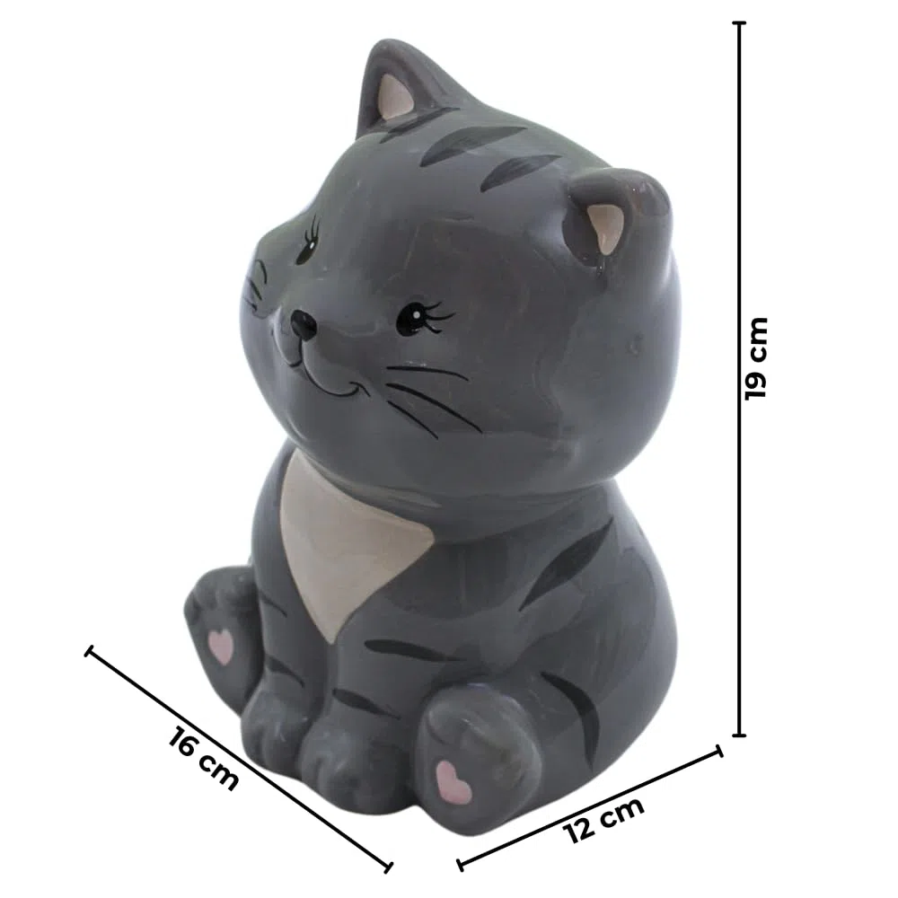Spardose Katze, Katzenspardose, Kindersparbüchse Katze, Sparschwein Katze, Sparfigur, Kinderspardose, Spartier, Sparkatze, Dekokatze mit Sparfunktion aus Keramik in grau, L/B/H 10 x 12 x 16 cm.