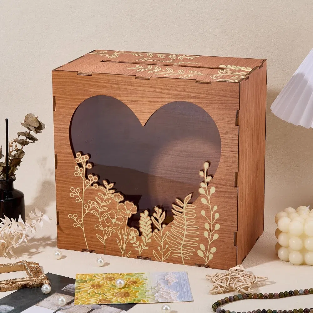 DICOSMETIC Holz Hochzeitskartenbox Hölzerne Kartenboxen Mit Schlitz 9.8x5.9x9.8 Zoll Rustikale Umschlag Geldbox Mit Herzfenster Geschenkkartenboxen Für Geburtstagsempfang Feier Abschlussfeier