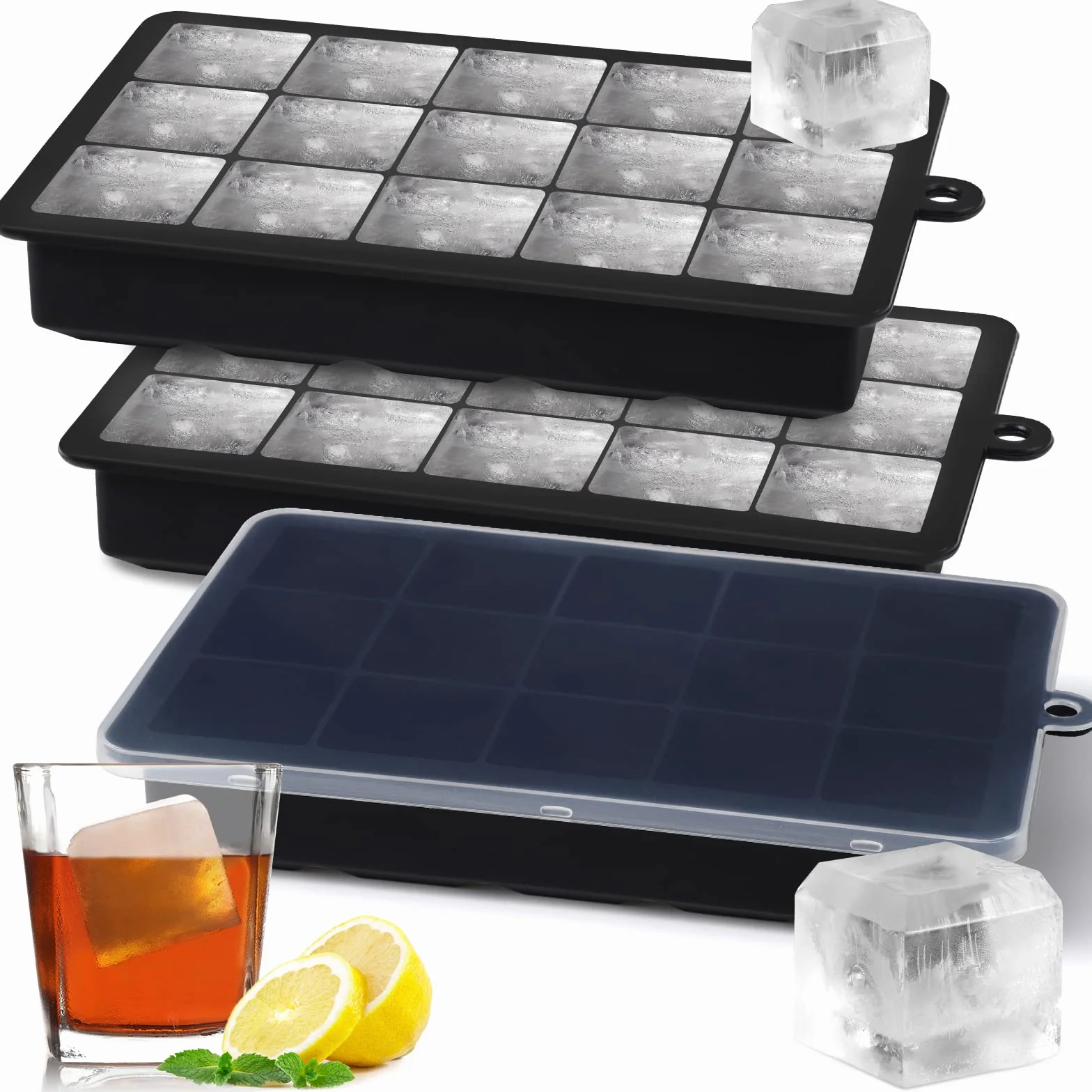 Sinnsally Eiswürfelform Silikon,3er-Pack Eiswürfelformen & Eiswürfelschalen,Eiswürfeln Kugel mit Deckel,Würfelform Eiskugelform Eiswürfelbehälter,Silikonform Eiswürfel Form (Schwarz)