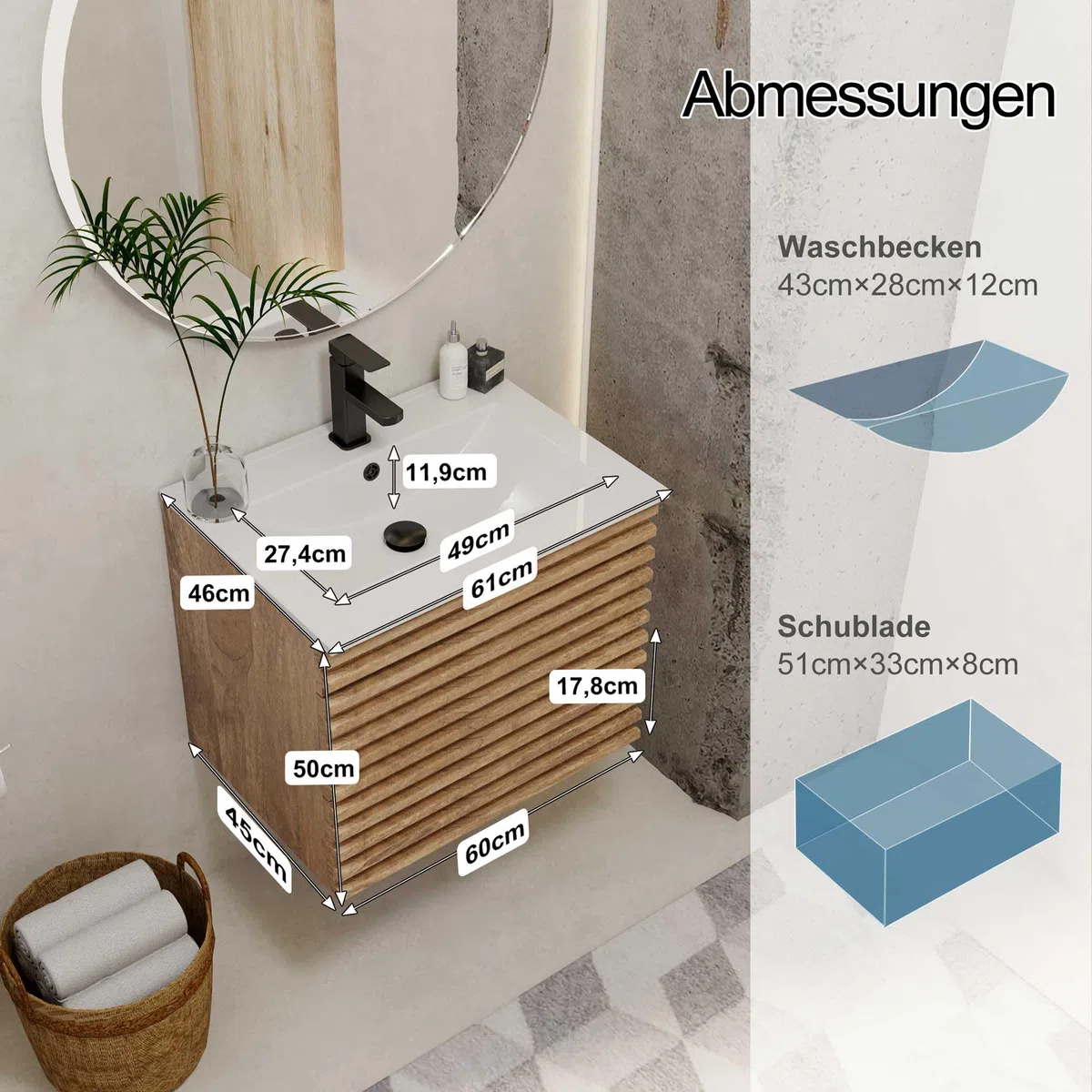 UEV Waschtisch mit Unterschrank, Waschbeckenunterschrank 60cm hängend, Schubladen mit Soft-close-System, Waschplatz, Wandwaschbecken, Badezimmmer Möbel für Gäste WC, Badmöbel Set für Badezimmer, Natur