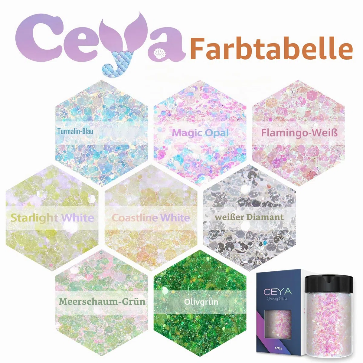 Ceya Magischer Opal-Glitzer, 3.5oz/100 g, Bastelarbeiten, grobes Glitzer-Pulver, gemischte feine Flocken, schillernde Nagel-Pailletten für Epoxidharz, Tumbler, Schleim, Malerei, Festival-Dekoration