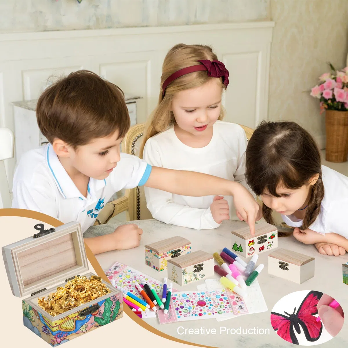 9 Stücke Mini Schatztruhe,DIY Kleine Holzkiste mit Deckel,kleine Holz-Schatzkisten Schatzkiste Kindergeburtstag mit Diamantaufkleber für Bemalen und Basteln Piratenparty Geburtstags (9 Stücke)