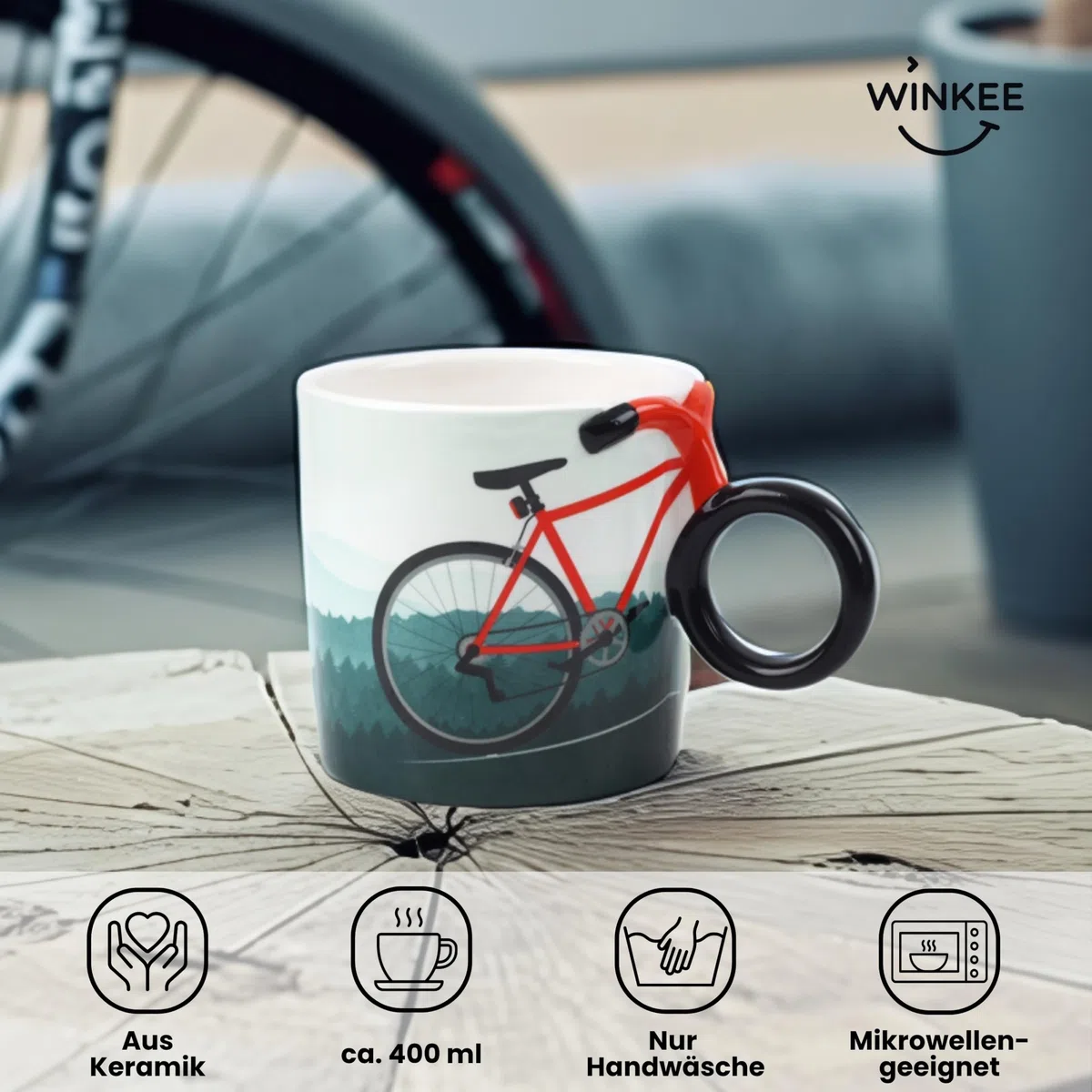 Winkee - Fahrrad-Kaffeetasse - Stilvolle Kaffeetasse mit Fahrradgriff I Fahrrad Teetasse I Perfektes Fahrradzubehör