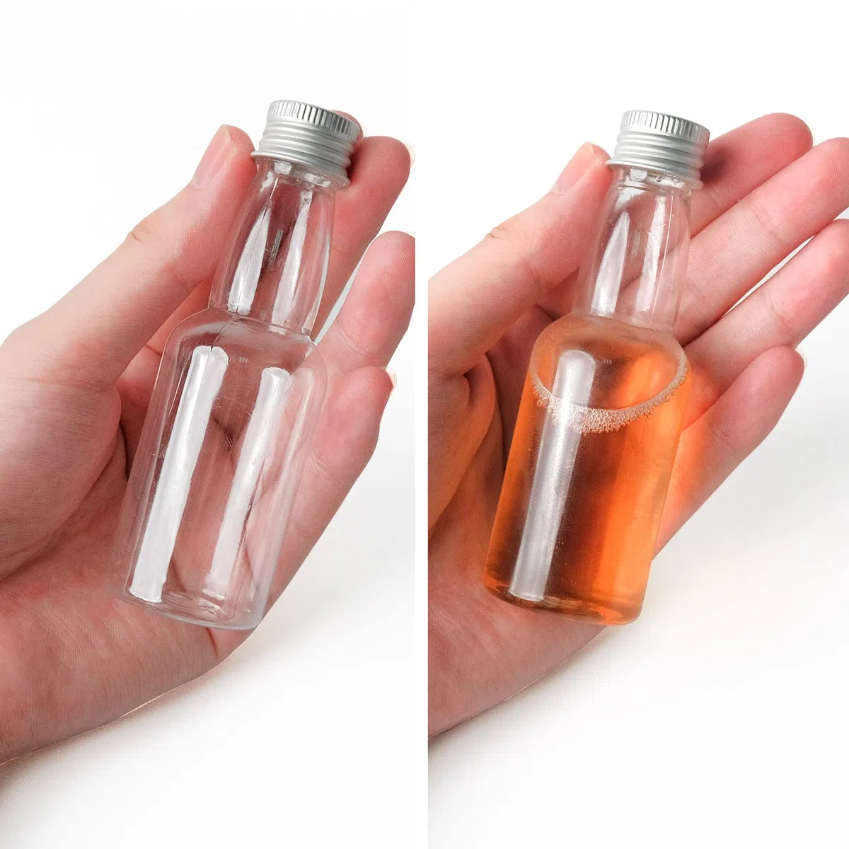 50 Stück Kleine Fläschchen zum Befüllen Kunststoff für Likör, 60 ml Mini Schnapsflaschen Likörflaschen mit Silber Deckel und Trichter, Plastik für Hochzeiten, Partys, Reisen