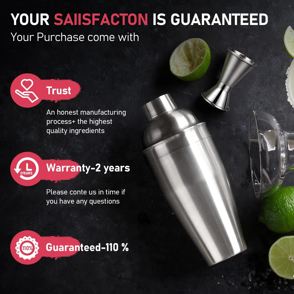 Cocktail Shaker Set 750ml Cocktailshaker Martini Shaker mit eingebautem Sieb - Professionelles Edelstahl Barkeeper Set inkl Messbecher, Bar-Löffel - Für Martini, Margarita & Mixgetränke, Silber