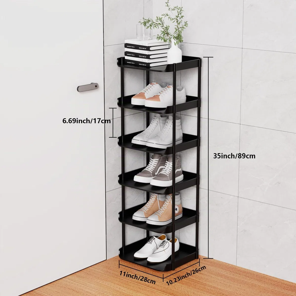 6 Ebenen Schmal Schuhregal, Mehrschichtiges Hoch Schuhregale Platzsparend, Stapelbar Klein Standregal, Vertikales Plastik Regal, Shoe Rack für Treppe, Flur, Küche, Schlafzimmer, Schwarz