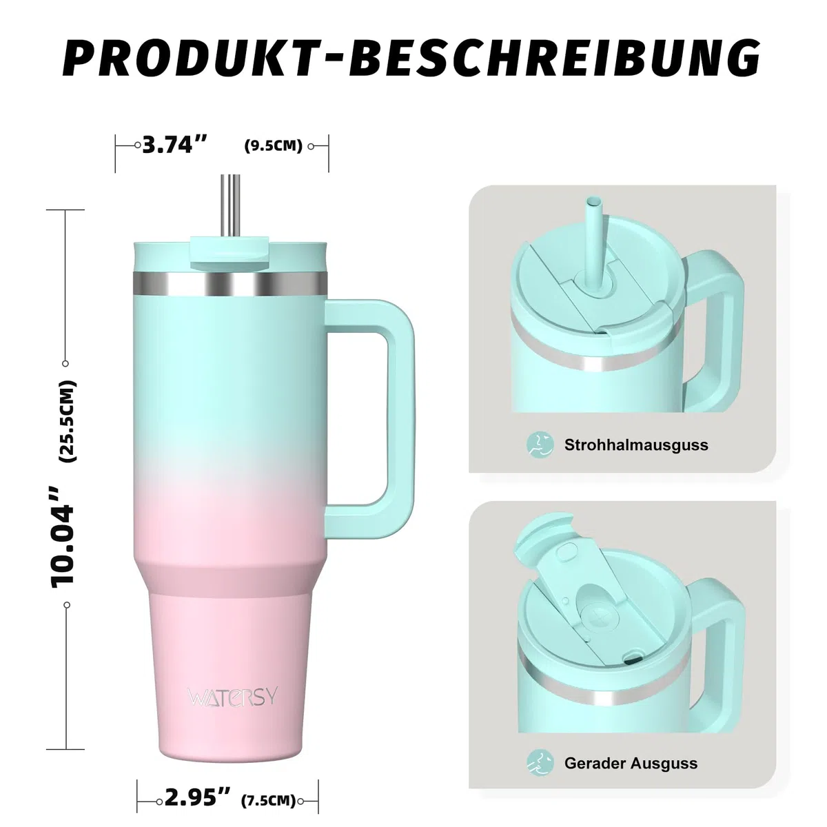 WATERSY 1.2L Thermobecher mit 2 Strohhalmen, Trinkbecher Auslaufsicherer Kaffeebecher To Go Vakuum-Isoliert mit BPA frei Schraubdeckel, Trinkflasche Kühlt 12 Stunden,Bonbonrosa