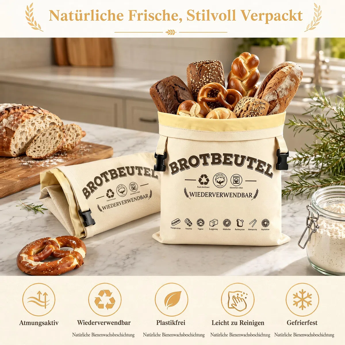 Brotmeister Brotbeutel Bienenwachs 43×33 cm, 2 Stück Bienenwachs Brotbeutel Leinen, Bienenwachsbeutel für Brot, Wiederverwendbare Natürliche Bread Bag, für Selbstgebackenes Brot und Backwaren