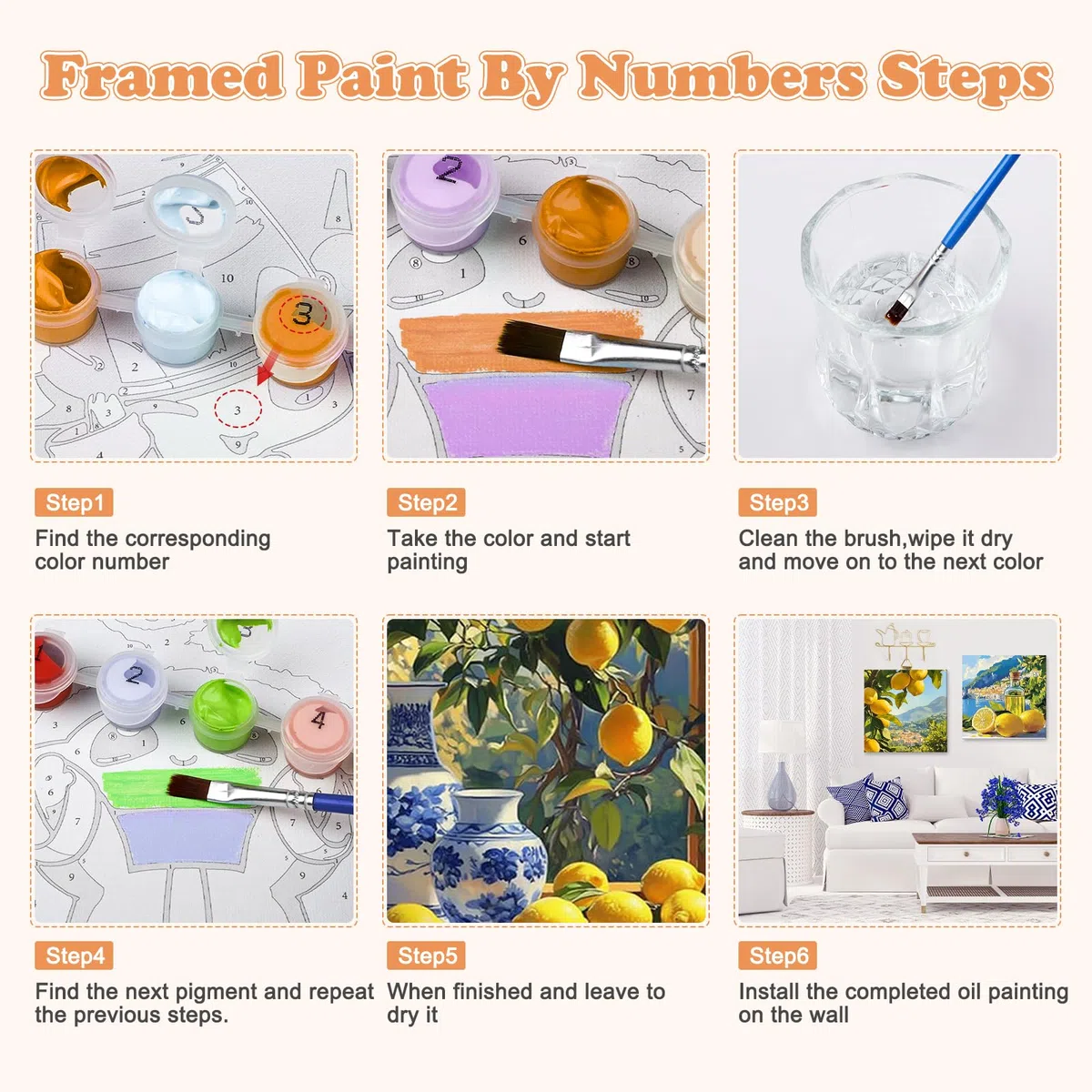 NAIMOER 4 Stück Lemon Malen Nach Zahlen mit Rahmen Erwachsene, Landschaft Malen Nach Zahlen auf Leinwand für Kinder, Digitale Gemälde für Home Decor Geschenke 20x20cm
