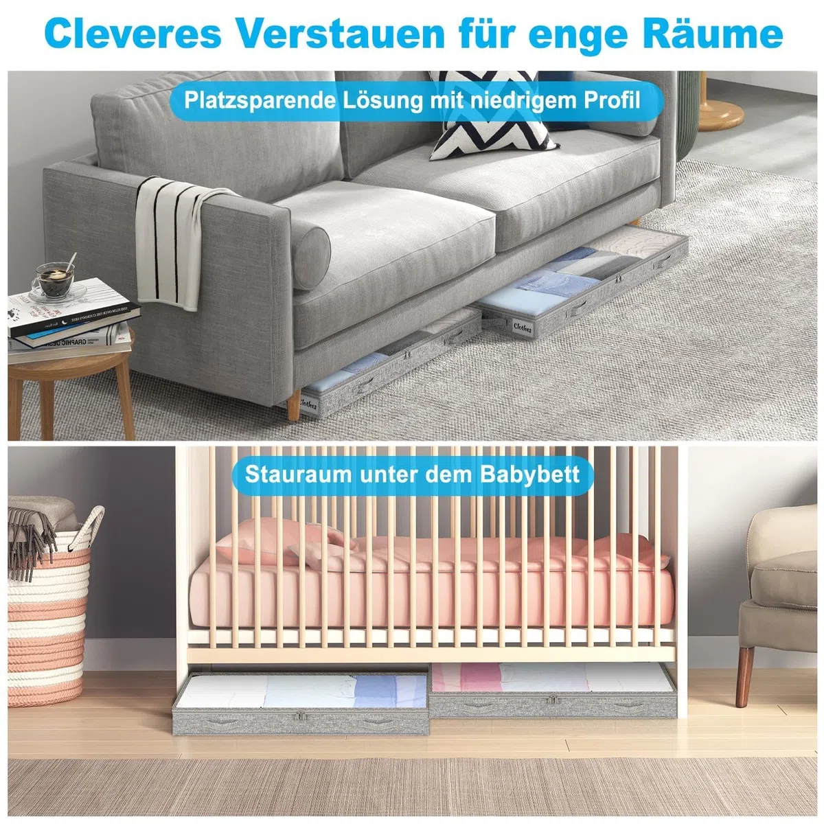 Unterbett Aufbewahrungsbox 2 Stück Unterbettkommode und klarem Deckel, 10cm hoch Kleideraufbewahrung & Organisation aus langlebigem Material, ohne feste Struktur, 4 Griffen & 2 Reißverschluss, Faltbar