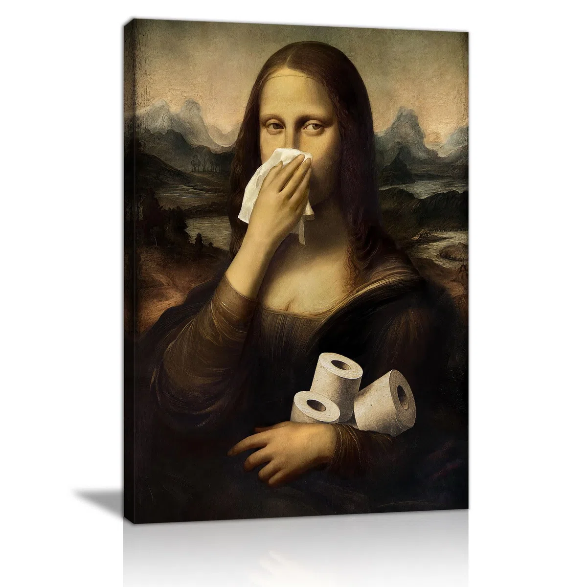 Lustiges Mona Lisa Leinwand Bilder Mit Rahmen, Mona Lisa mit Klopapier und Nase-zu-Geste Bild Auf Leinwand Wandbilder, Vintage Ironische Wanddeko für Toilette, Gäste, WC oder Badezimmer 30X40cm