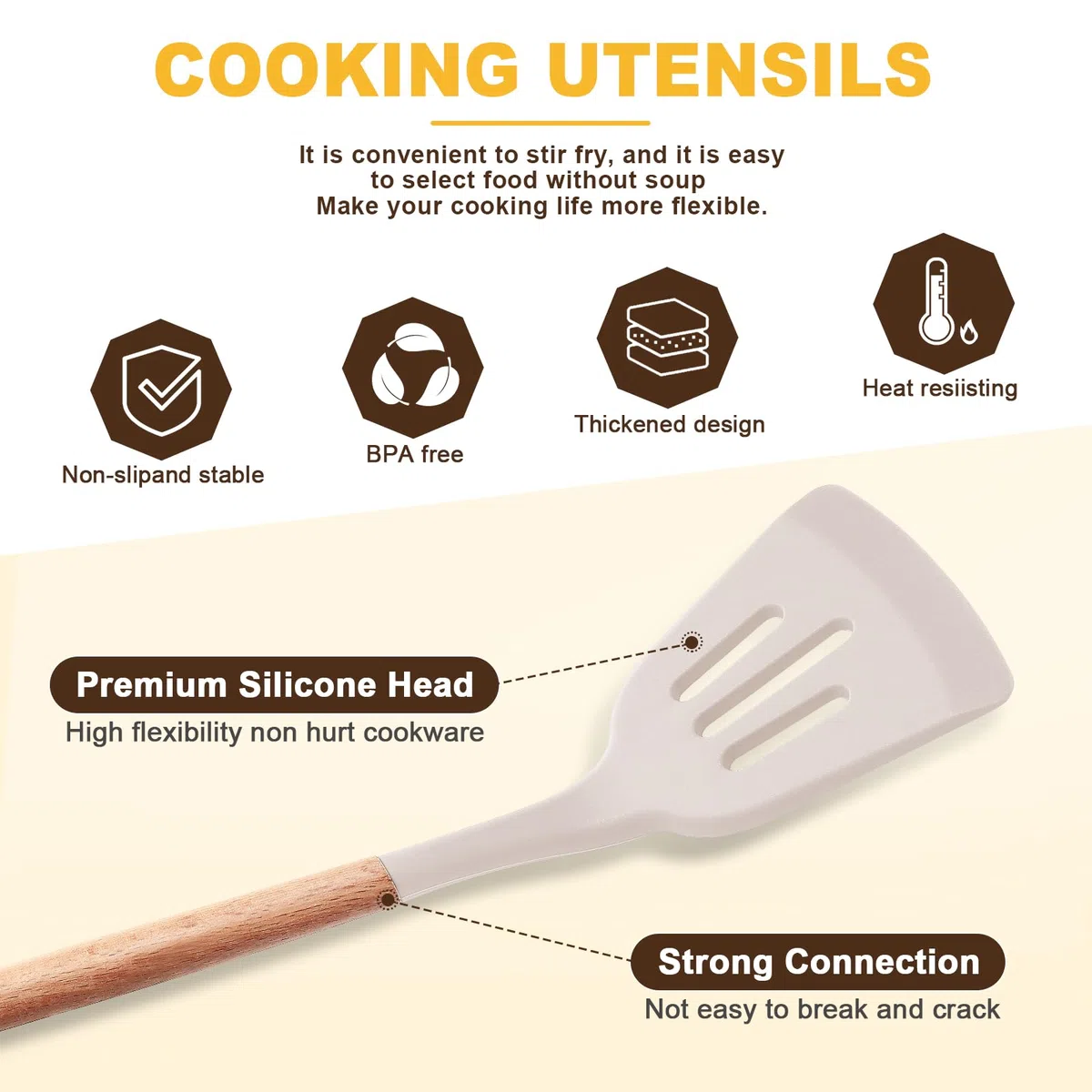 12 Stück Küchenhelfer Set, Silikon Küchenutensilien Set, Antihaft Hitzebeständiger Holzgriff Kochbesteck mit Utensilienhalter, Silikonspatel Kochgeschirr Set, Spülmaschinengeeignet (Khaki)