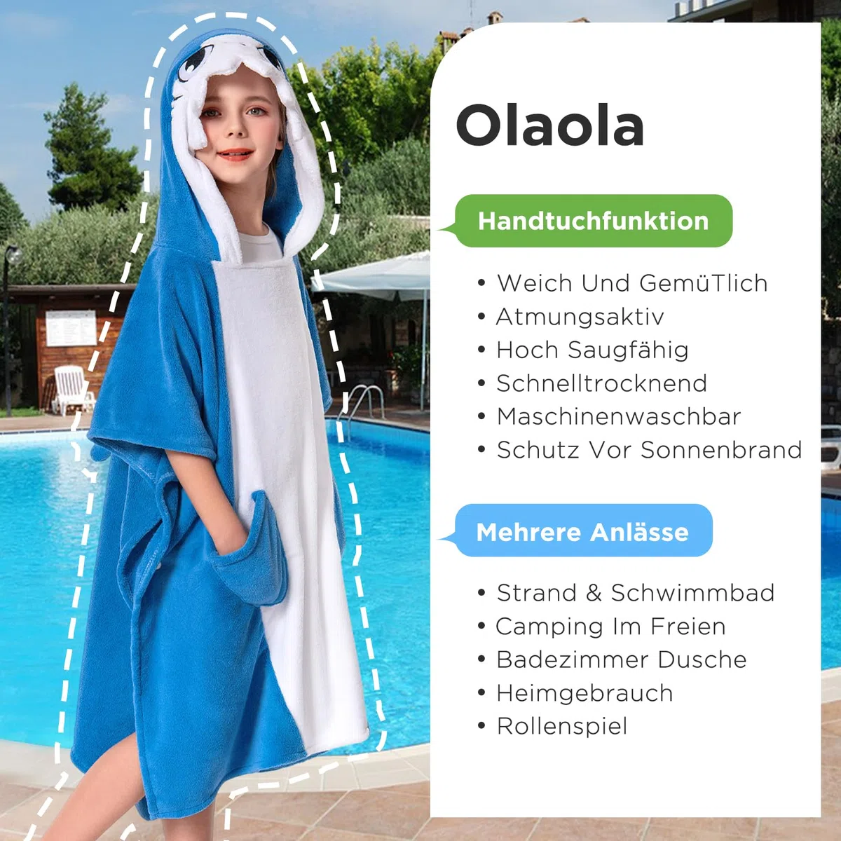 OLAOLA Kinder Poncho Handtuch mit Kapuze, Strand Umkleidemantel, Saugfähige Badetücher, Schwimmtuch für Jungen und Mädchen von 3–12 Jahren, Blauer Hai