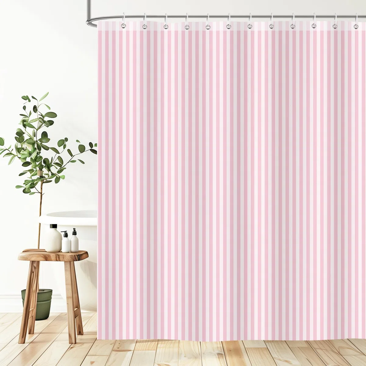 Duschvorhang 180x200 cm Rosa Weiß Gestreift, Moderner Textil Stoff Badevorhang mit Streifenmuster, Anti-Schimmel & Wasserabweisend, inkl. 12 Ringe, Maschinenwaschbar, 1-Teil