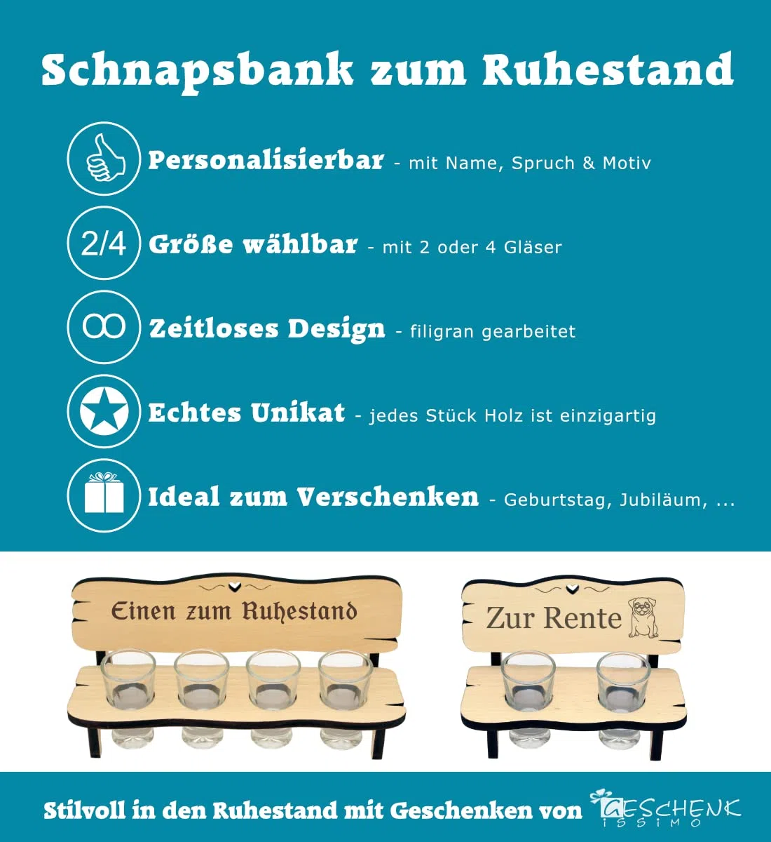 Geschenk zur Rente - die originelle Schnapsbank für Rentner mit Gravur - 2 oder 4 Gläser - Rentnerbank als Rentnergeschenk für Mann und Frau im Ruhestand, Pensionierung, Lebensabend