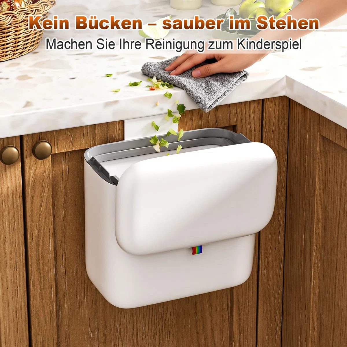 MOPUP Komposteimer für Küche, 6.8 l Mülleimer, Arbeitsplatte oder unter der Spüle, hängender Kleiner Mülleimer mit Deckel für Badezimmer/Schlafzimmer,Komposteimer für den Innenbereich (weiß)