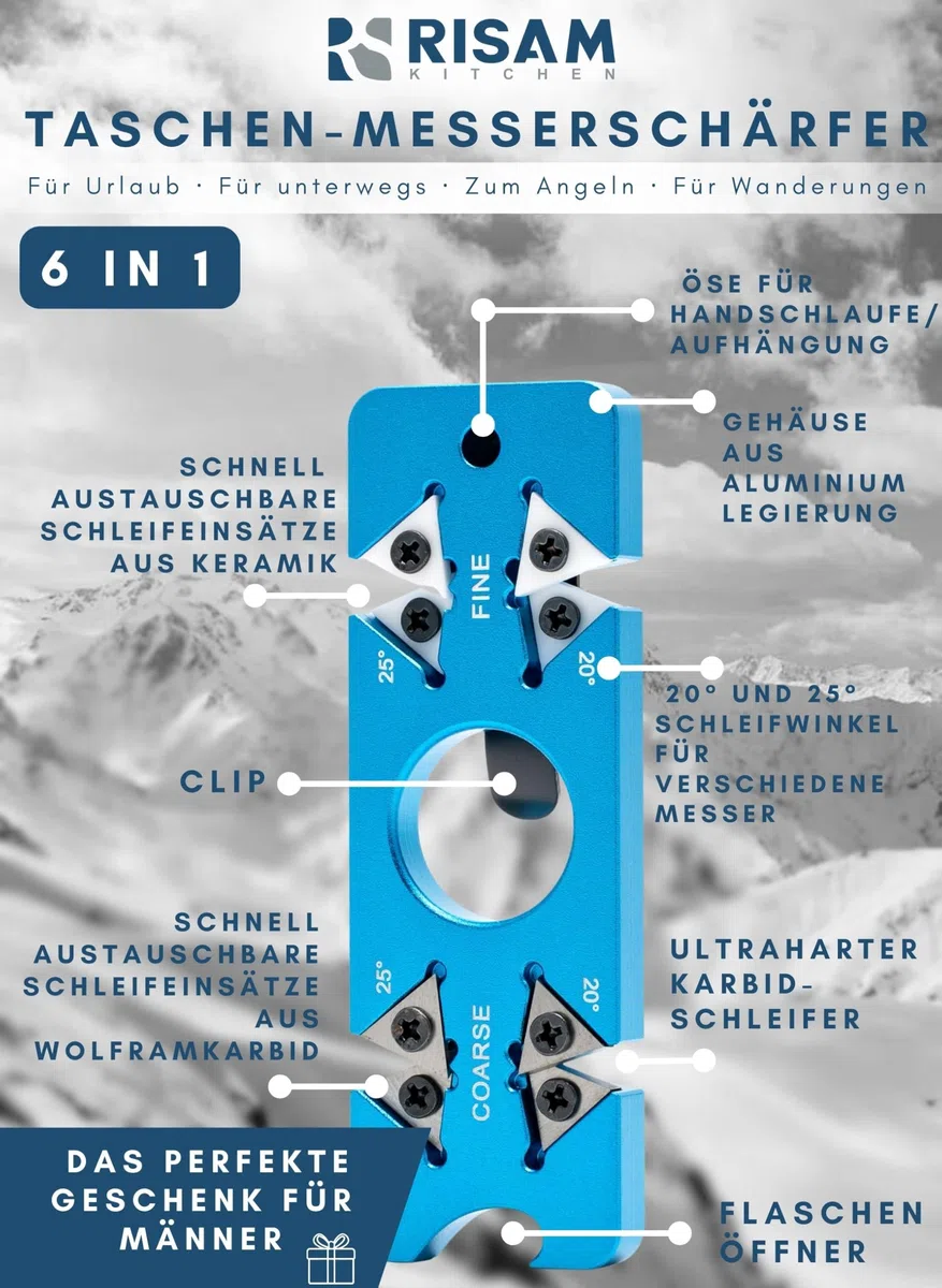 RISAM KITCHEN Messerschärfer klein – 6 in 1 Reise Messerschärfer Profi & Messerschleifer Knife Sharpener – Messer schärfen – 8,5 cm x 2,8 cm x 0,5 cm – 37,5 g – mit Clip & Anhänger