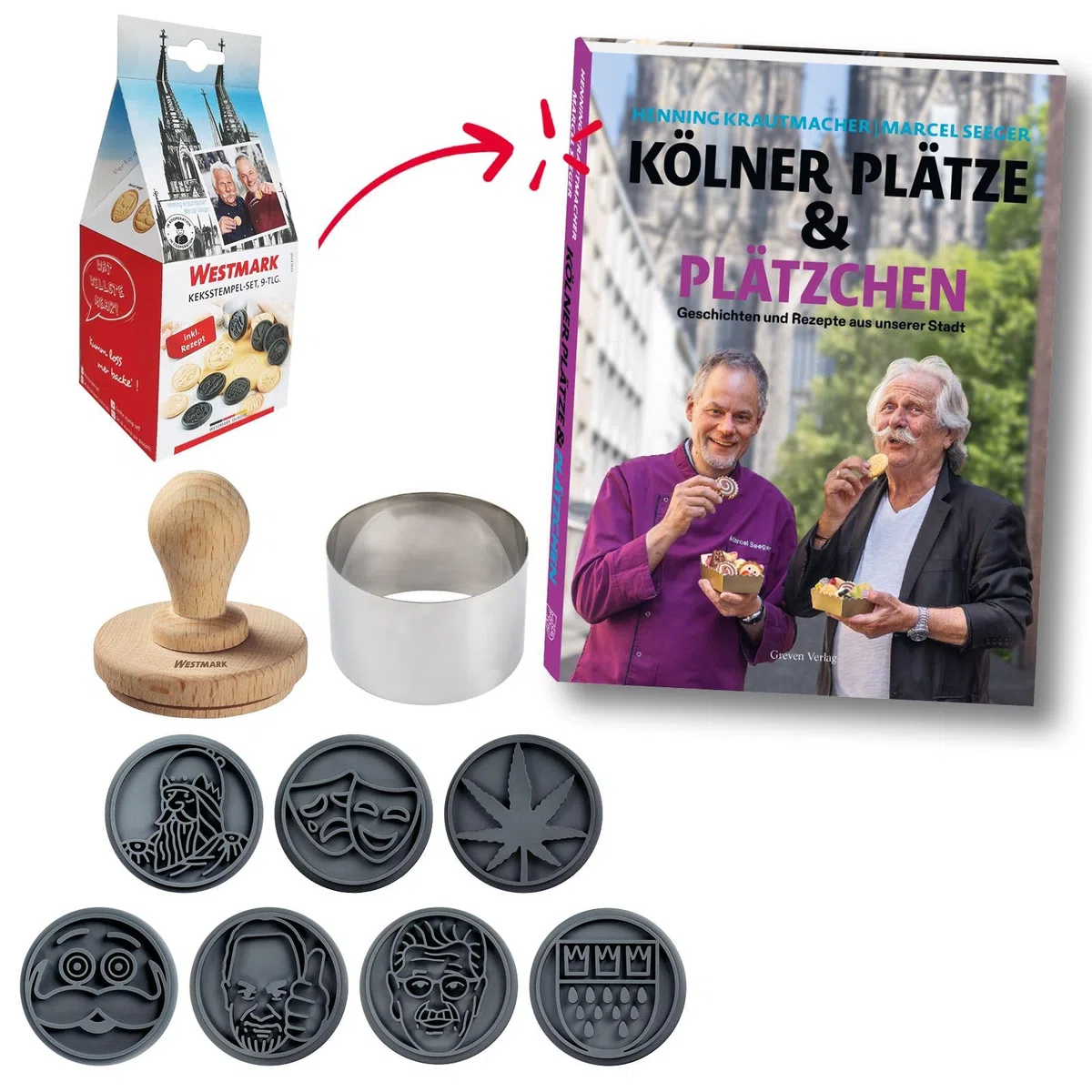 Westmark Keks-Stempel Köln – Keks-Stempel mit 7 verschiedenen Köln-Motiven, Set mit 7 Motiv-Köpfen aus Silikon, einem Holzstempel und einem Ausstechring aus Edelstahl – Ø 6,5 cm