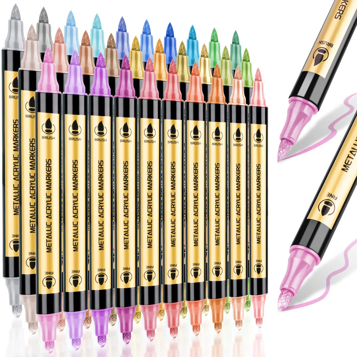 30 Farben Metallic Marker Stifte Set, Dual Tip (Pinsel & Fein) Metallic Acrylstifte für Stoff, Holz, Glas, Glitzerstifte für Gästebuch, Fotoalbum, Scrapbook Zubehör Kunstset