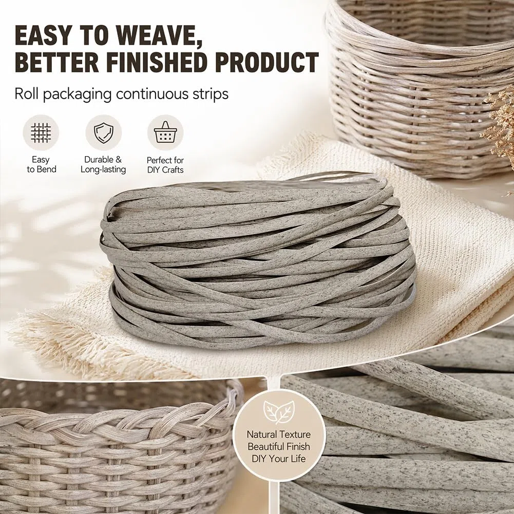 CEWROM 65m Kunststoff Gewebtes Rattan, Flach PE-Rattan, Langlebiges Korbgeflecht Reparaturmaterial, Webwerkzeug für Gartenmöbel, Terrassenmöbel, Bank, Stuhl, Tisch und Tischkorb (Leinen)