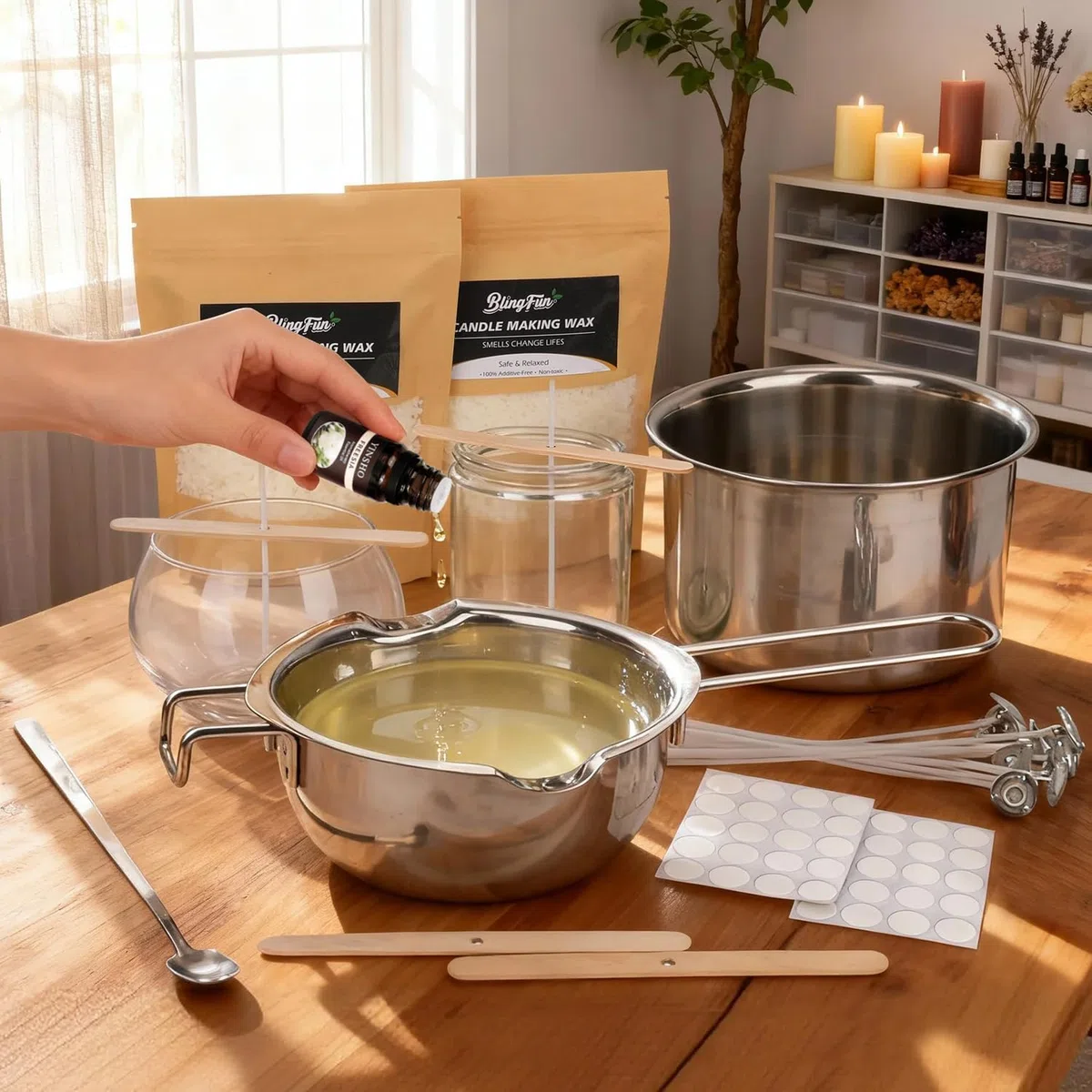 Wasserbad-Topf 3-teiliges Edelstahl Schmelztopf Set für Kerzenherstellung, mit Ausgießkanne zum Schmelzen von Sojawachs, Bienenwachs - Ideal für DIY Kerzen, Seife & Schokolade