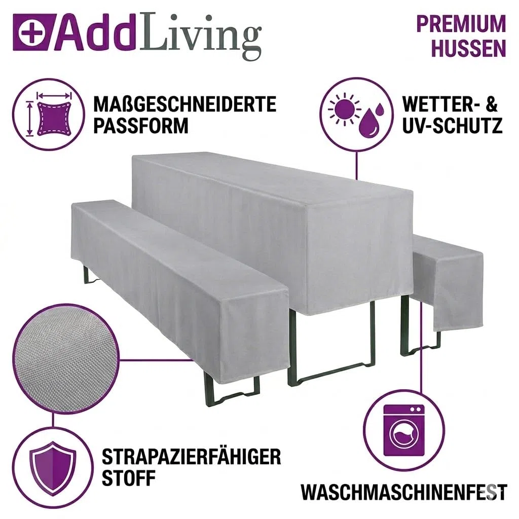Biertischhussen Set 3-teilig Grau | Hussen für Bierzeltgarnitur | 1x Biertischhusse & 2x Bierbankhussen | Tischhusse Set | Bierbank Hussen für Tischbreite 50 cm | Pflegeleicht & Schnelltrocknend