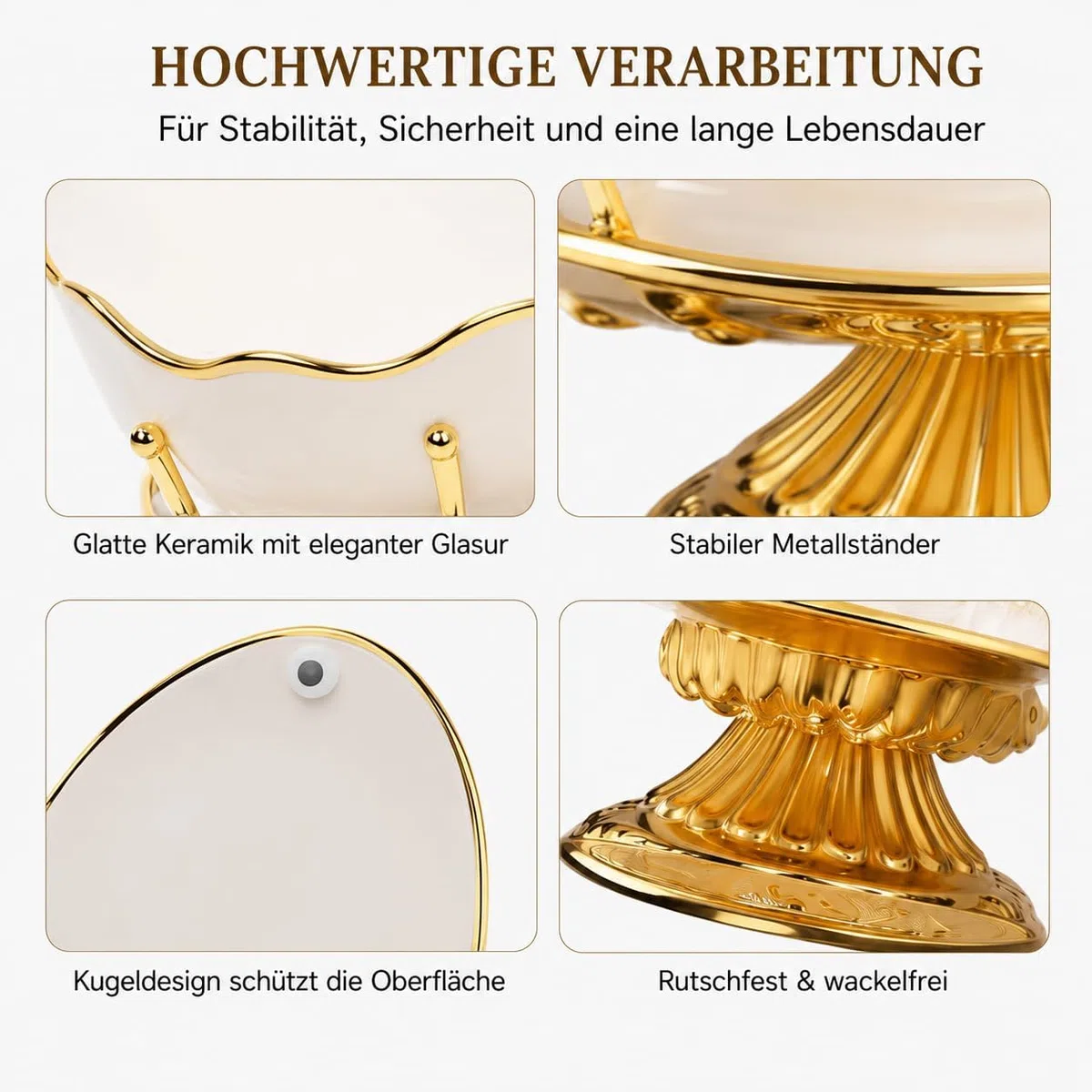 Luxus Obstschale Gold Weiß mit Fuß, Dekorative Keramik Schale, Moderner Obstkorb & Wohnzimmertisch Deko für Küche Esszimmer, Elegante Servierschale & Tischdeko für Obst Snacks Süßigkeiten
