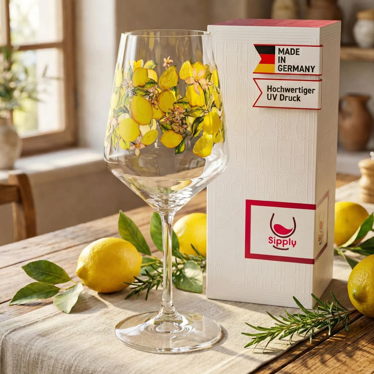 Aperitifglas Summer Vibes mit Zitronen-Motiv für Spritz Getränke Cocktails Wein Schorle Bowle oder Saft 0,5l