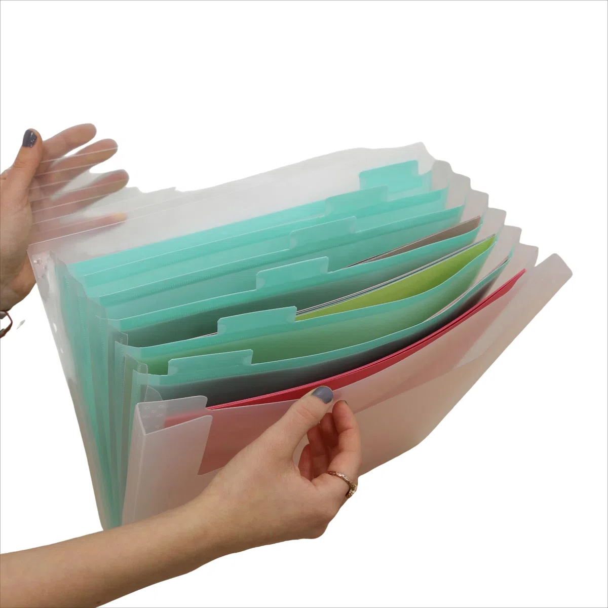 Craftelier - Akkordeonmappe für Papier, Kartonbögen und Scrapbooking-Materialien | Größe 33,6 x 33,3 x 3,5 cm (13.23" x 13.11" x 1.38") - Farbe Transparent und Türkis