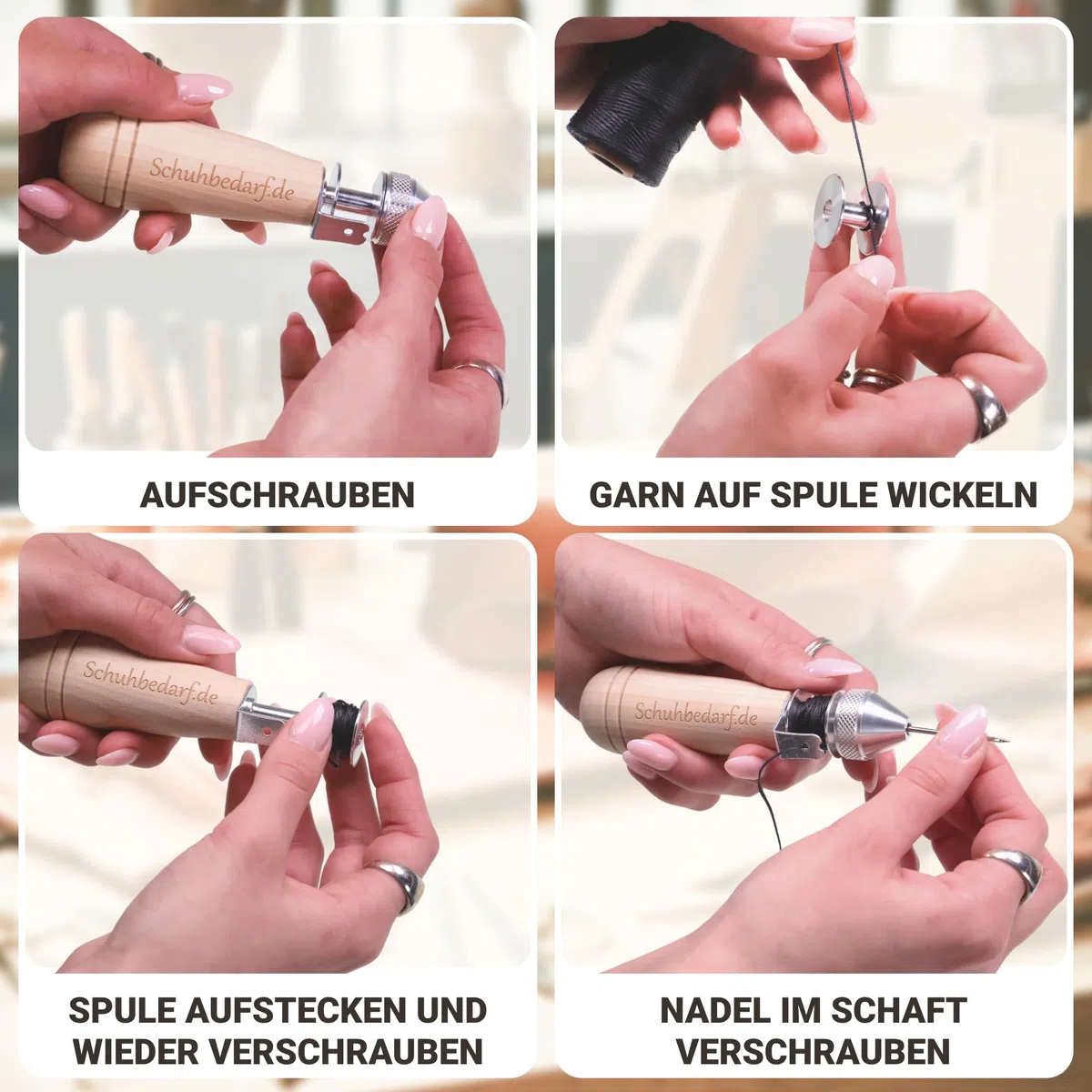 Handnähapparat/Nähahle mit Fadenspule - Handnähmaschine für Dicke Stoffe, Planen, Cabrioverdecke und Segeltuch - inkl. 4 Ledernadeln - Made in Germany
