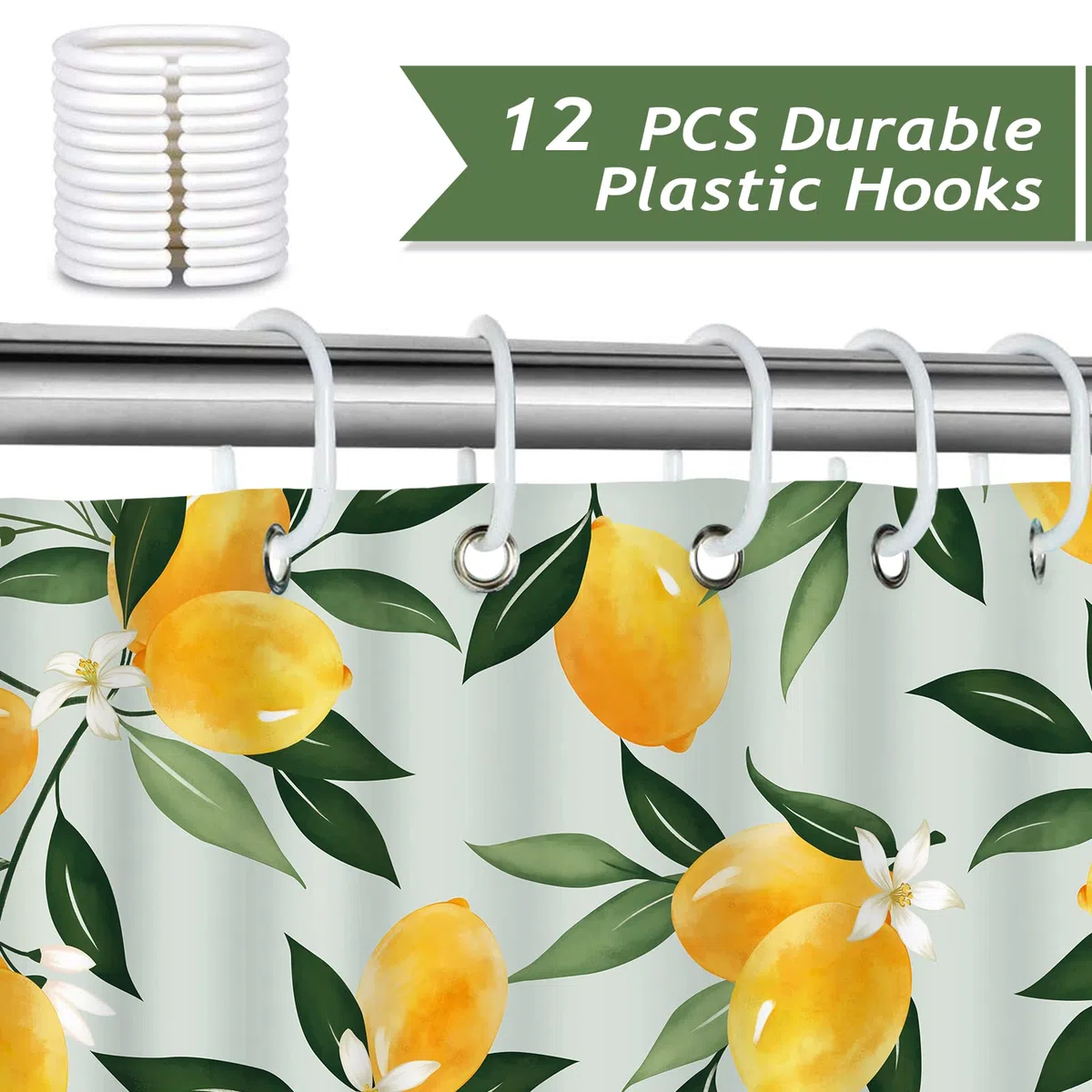Bonhause Duschvorhang Zitronen Grüne Blätter Duschvorhänge 180 x 200 cm Anti-Schimmel Wasserdicht Polyester Stoff Waschbar Bad Vorhäng für Badzimmer mit 12 Haken