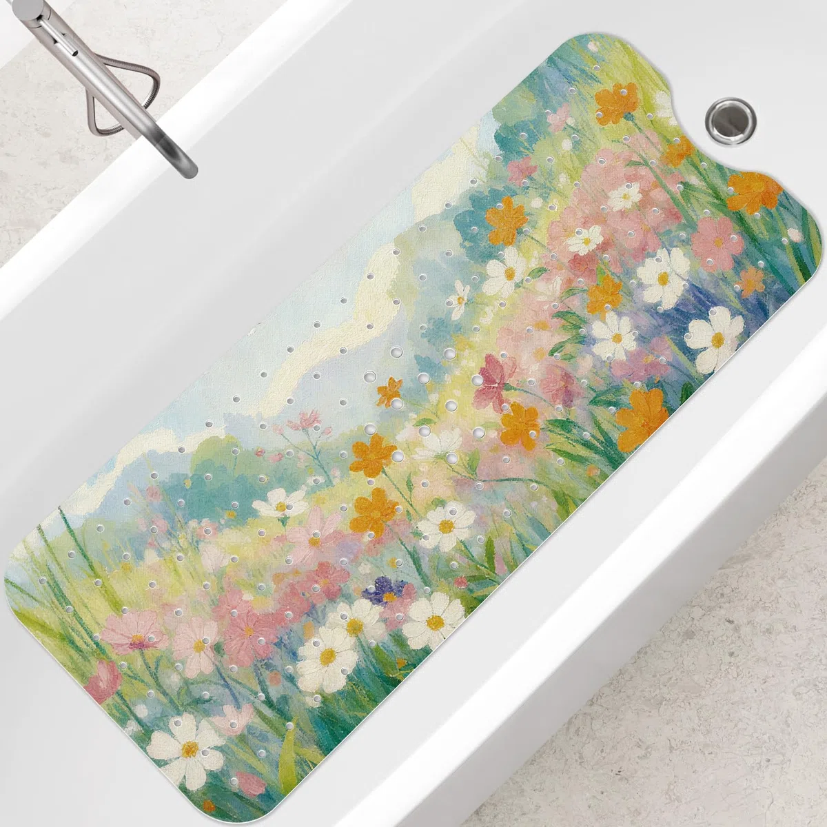 SHUCHING Badewannenmatte rutschfest, 100 X 40 cm Extra Lang Badewanne Rutschmatte, Duschmatte rutschfest für Badezimmer Maschinenwaschbar, Ölgemälde Blumen