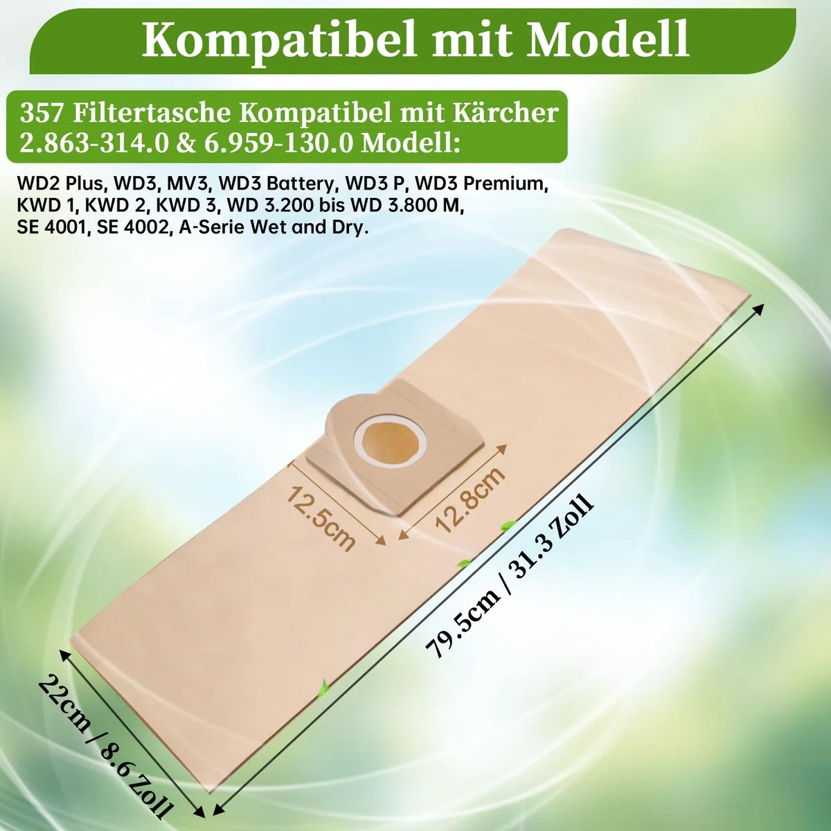 15 Stück Papierfilterbeutel für Kärcher 6.959-130.0, WD3 Staubsaugerbeutel Papier Filtertüten Beutel für WD3 1629 MV3 Premium A2201/2604/2251/2554/2504/2204 Filterbeutel Paperbags Staubsaugertüten