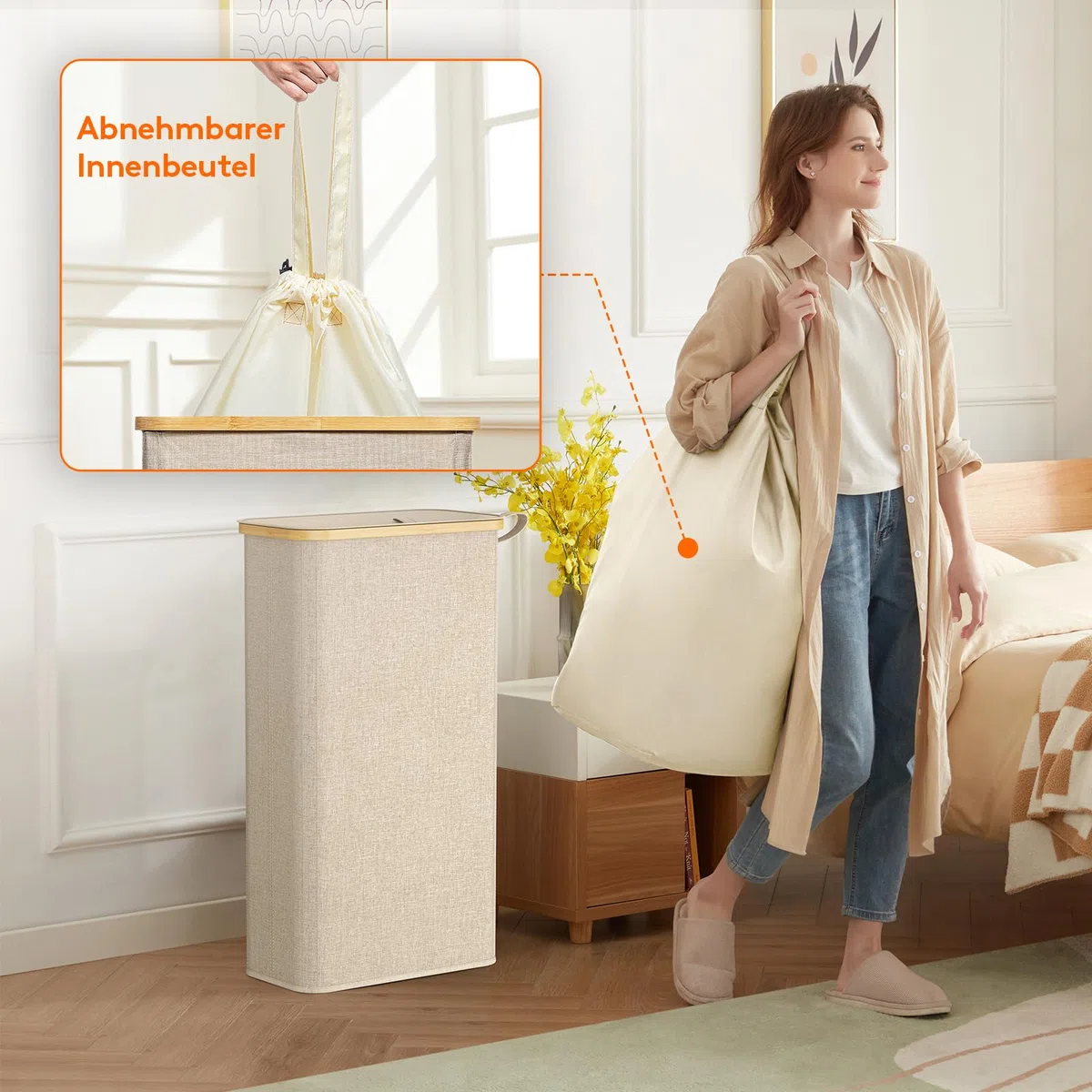 Lifewit 70L Wäschekorb Schmal mit Deckel, Faltbarer Wäschesammler Schmal mit Wäschesack, Laundry Basket Wäscheboxen aus Bambus mit Tragegriff für Apartment, Wohnheim und Wohnwagen, Beige