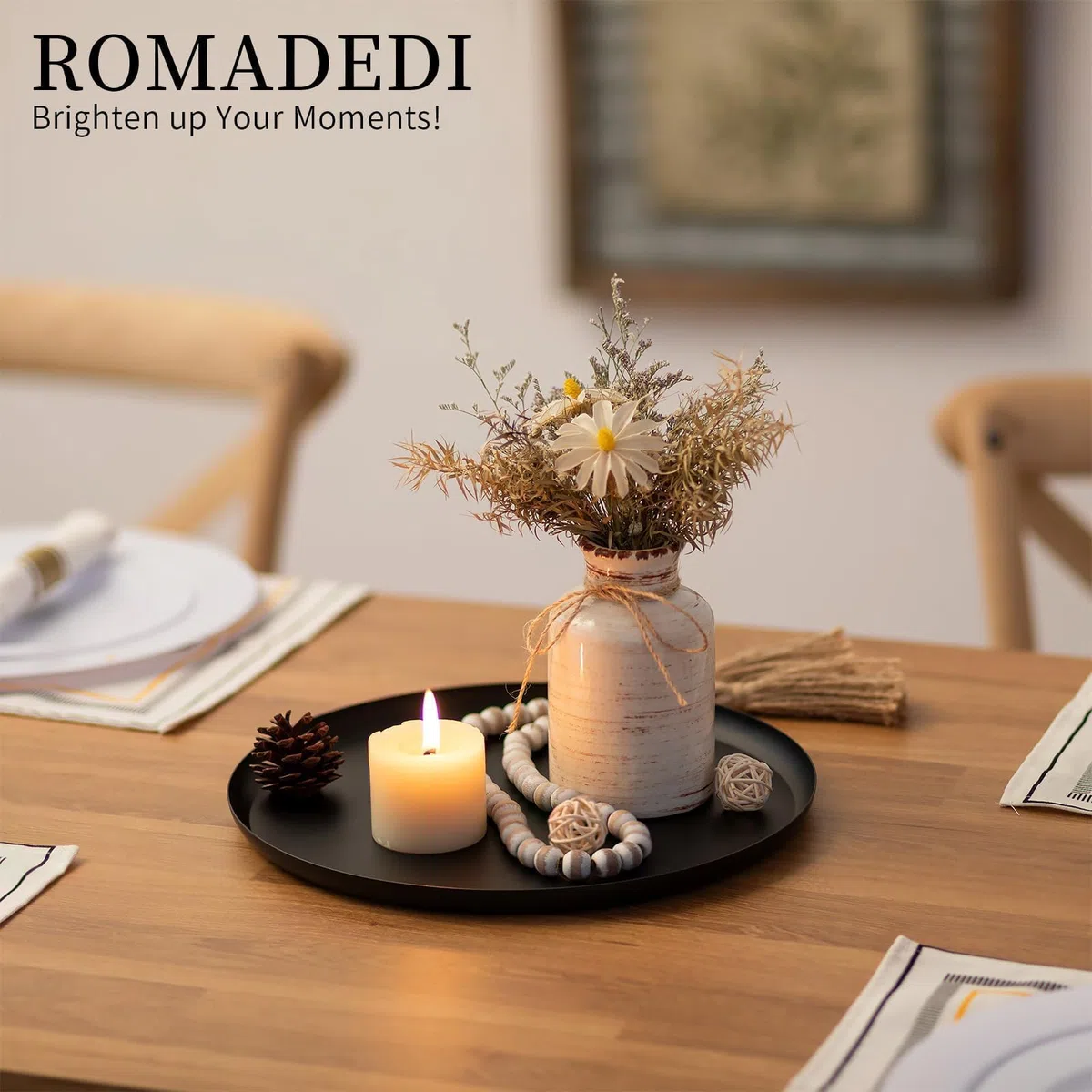 Romadedi Schwarz Deko Tablett Aus Metall - 28cm Rund Dekotablett Dekoschale Für Tischdeko Kerzenteller Kerzentablett Für Kerzen Serviertablett Für Wohnzimmer Badezimmer Esstisch Deko