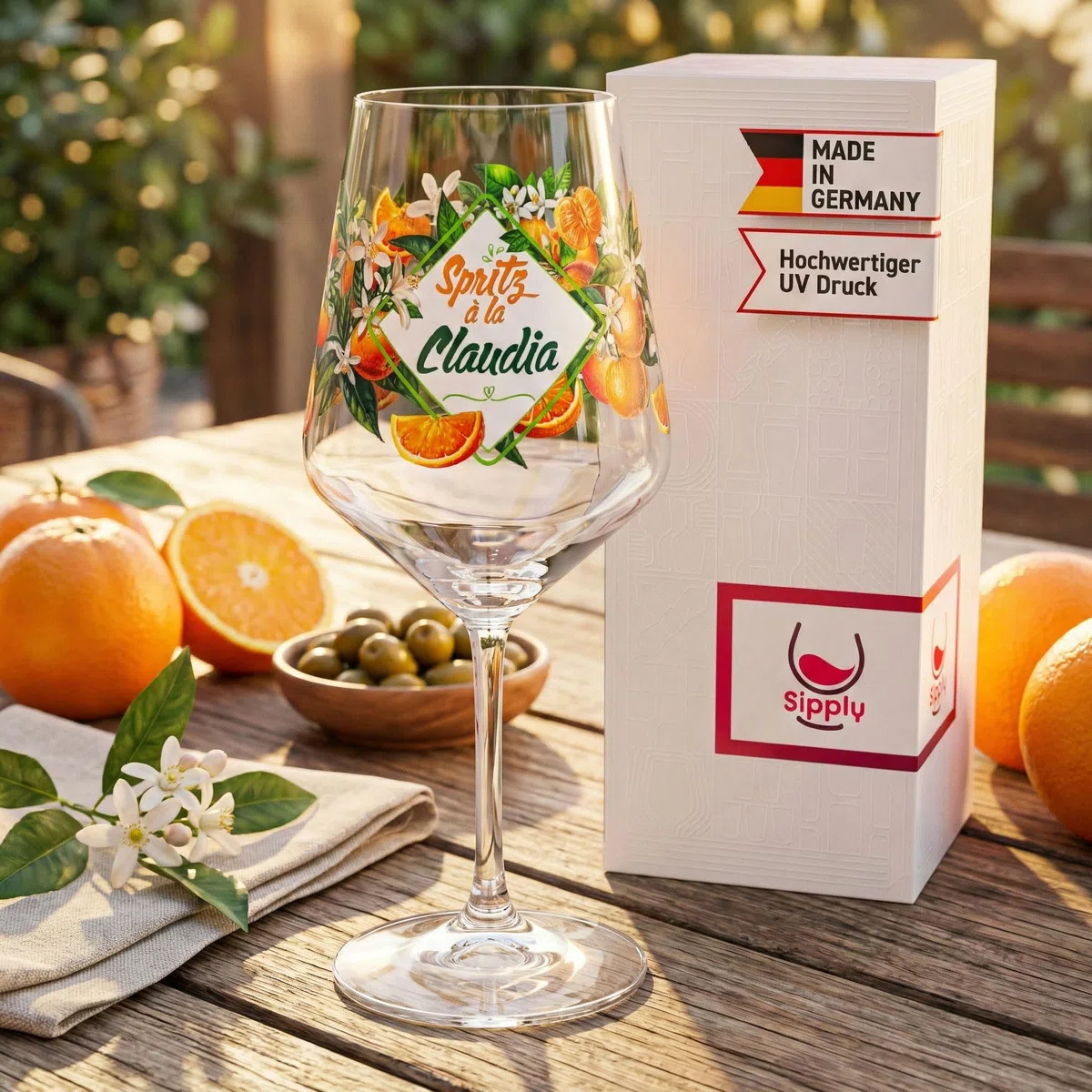 Aperitifglas Summer Vibes mit Orangen-Motiv personalisiert mit Name für Spritz Getränke Cocktails Wein Schorle Bowle oder Saft 0,5l