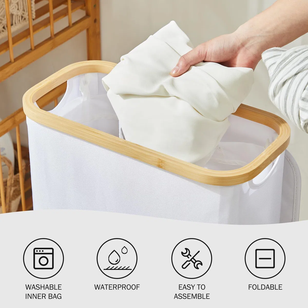 YOUDENOVA Wäschekorb mit Deckel 48L Wäschesammler schmal mit Wäschesack faltbarer Wäschesortierer Holz Bambus Wäschetruhe hoch Laundry Baskets, Weiß