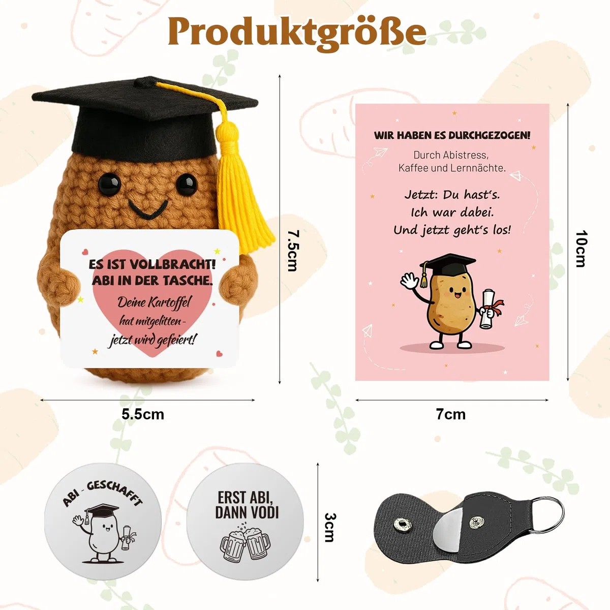 Abitur Geschenke 2026 - Positive Kartoffel, Pocket Hug Strickwolle Glückskartoffel mit ABI Glücksbringer Prüfung & Grußkarte, Abitur 2026 Geschenke für Mitschüler und Freunde