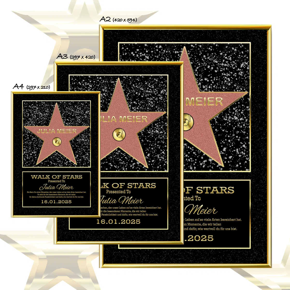 DUOMIO HOLLYWOOD Walk of Fame Stern, personalisierte Urkunde optional mit Rahmen | 3 Größen, Design, Thema, Text, Hintergrundfarbe frei-wählbar| Premium-Papier-Druck| Geschenke Mann/Frau