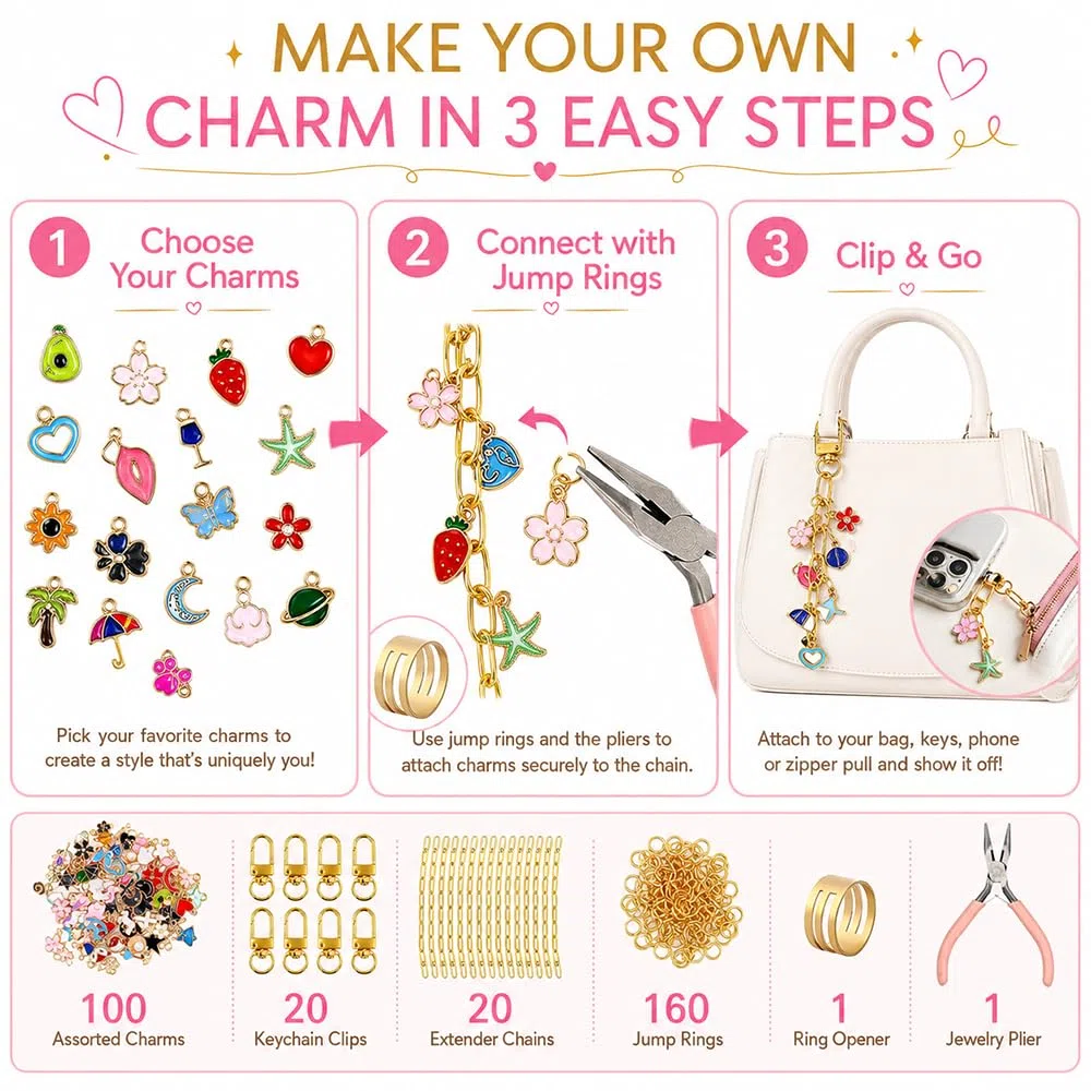 Gaiett 302 Pcs DIY Schlüsselanhänger Selber Machen, Anhänger Keychain Set inklusive 100 Charms, 20 Schlüsselanhänger Clips, 20 Verlängerungsketten, 160 Biegeringen und Schmuckzange