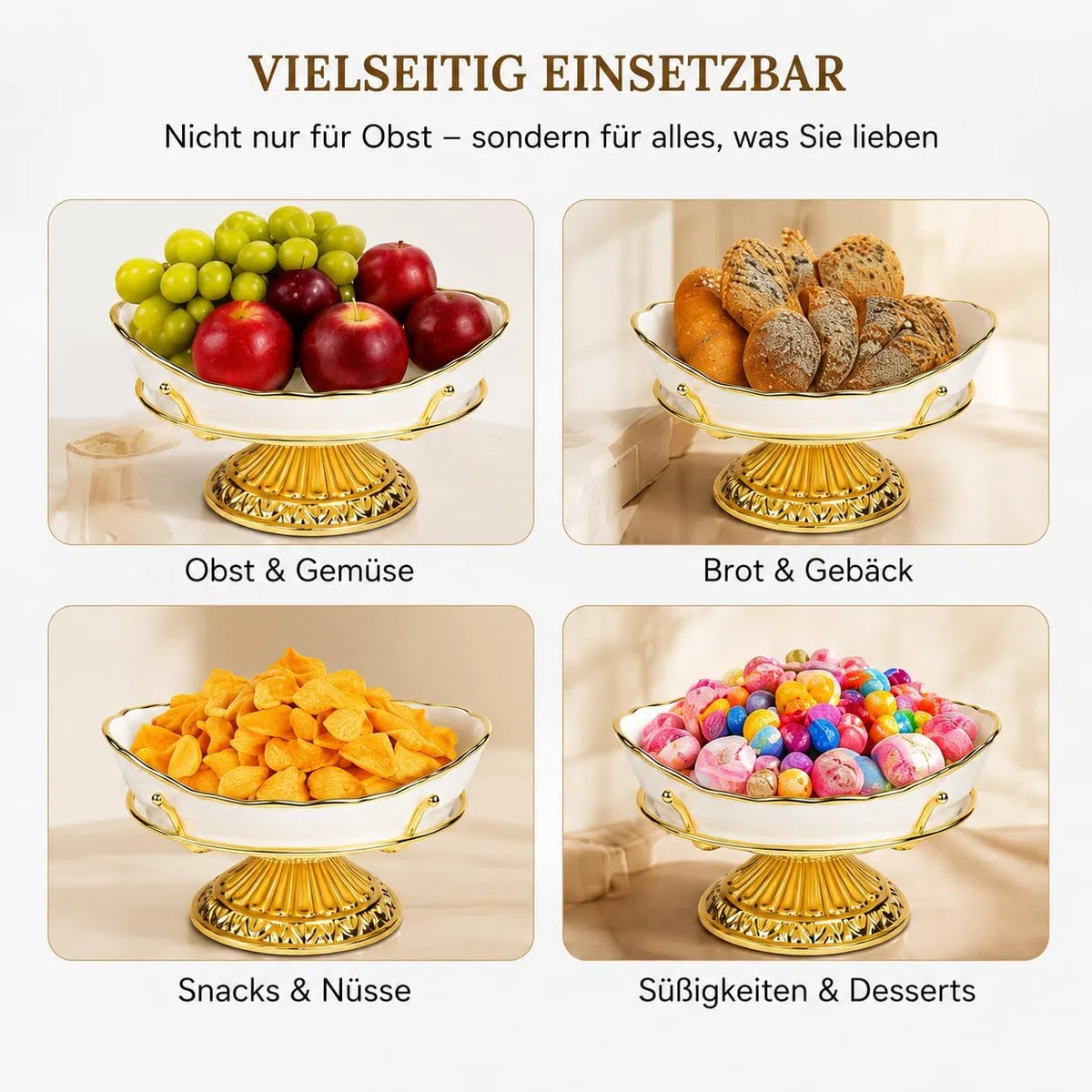Luxus Obstschale Gold Weiß mit Fuß, Dekorative Keramik Schale, Moderner Obstkorb & Wohnzimmertisch Deko für Küche Esszimmer, Elegante Servierschale & Tischdeko für Obst Snacks Süßigkeiten