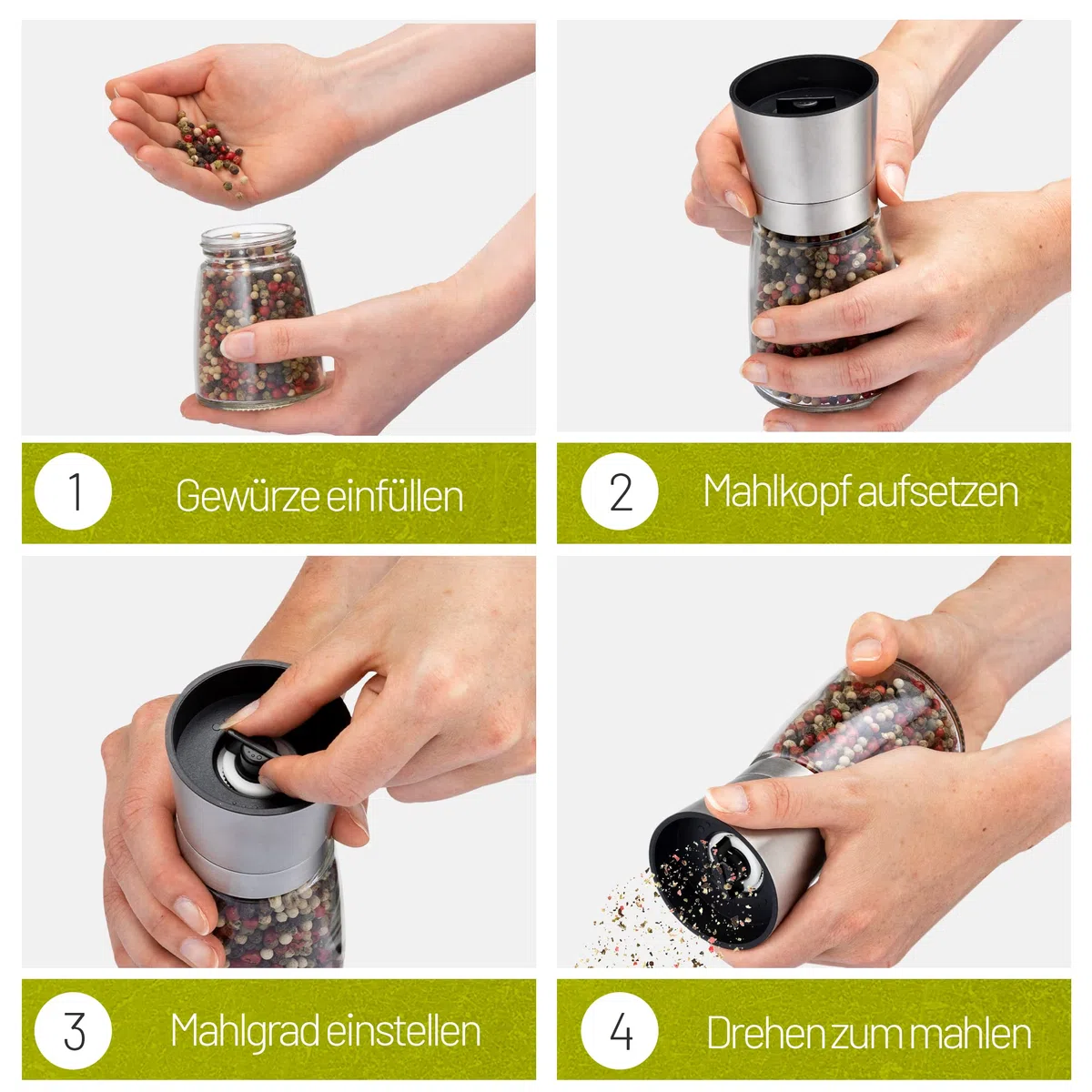 Salz und Pfeffermühle Set 2 Stück – Gewürzmühle Edelstahl, Einstellbares Keramikmahlwerk, 2-teilig, Spülmaschinengeeignet