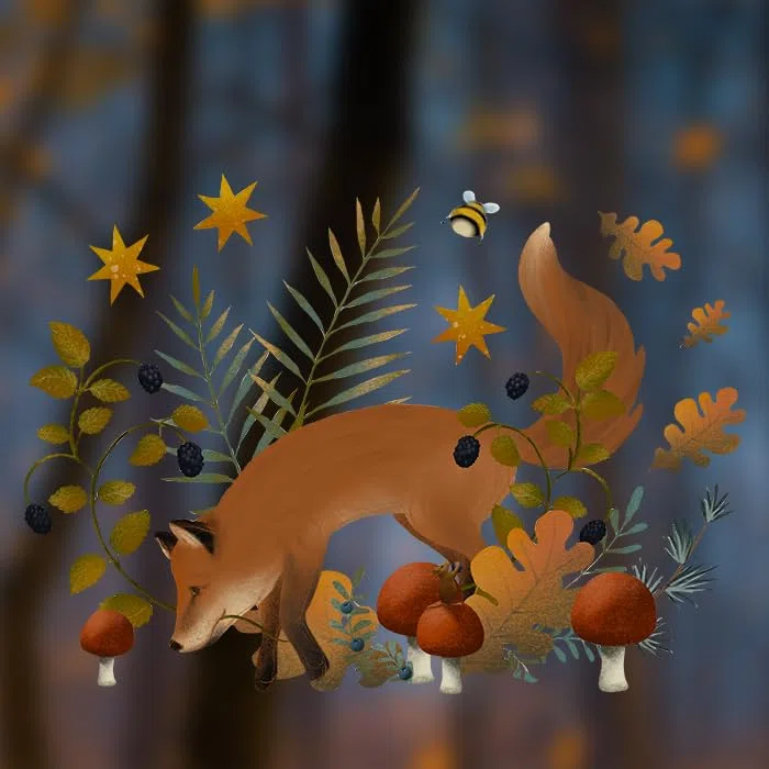 Fensterbild Herbstfuchs - herbstliche Fensterdeko - wiederverwendbar und selbsthaftend - handgezeichnetes Motiv - von Kristin Franke
