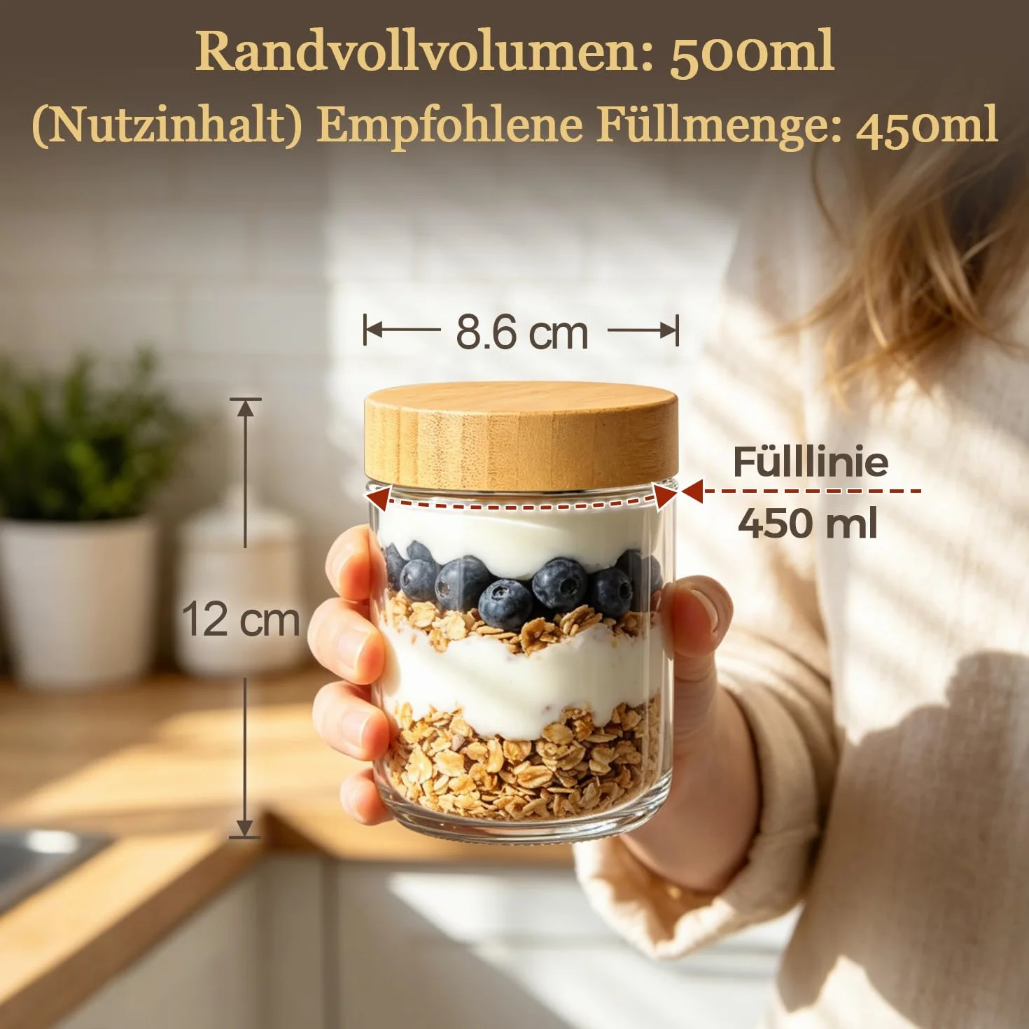 ComSaf Overnight Oats Gläser 4er Set 500ml, Hochwertige Meal Prep Behälter Glas mit Bambusdeckel für Büro Frühstück, Auslaufsichere Joghurtbecher Vorratsdosen für Trockenvorräte Natron-Kalk-Glas