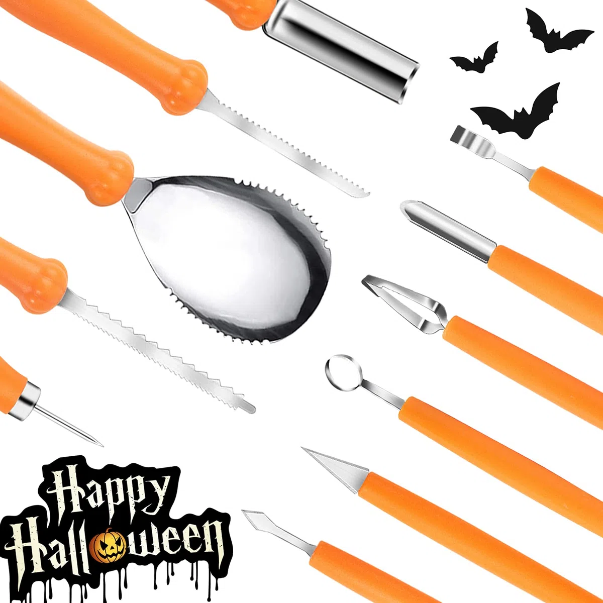 Alintor Kürbis Schnitzset, 11 Stück Schnitzwerkzeug Kürbis, Kastanienbohrer Kinder, Kürbis Schnitzset Kinder, Halloween Schnitzen Set (10 Vorlagen)