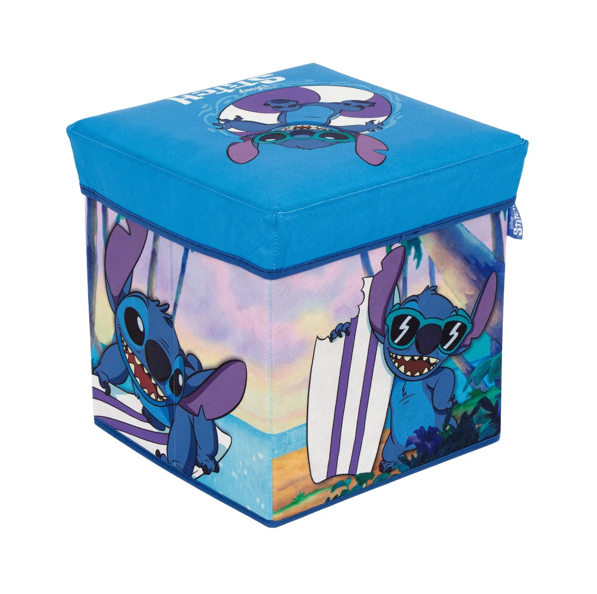 Superdiver - Aufbewahrungsbox und Hocker Stitch - Offizielle Lizenz Disney - 30x30x30 cm - Faltbarer Pouf mit gepolstertem Deckel - Spielzeug-Organizer
