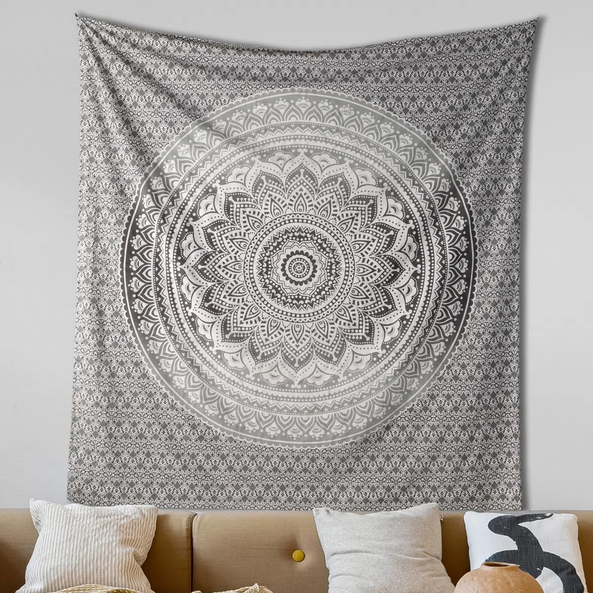 THE ART BOX Indie Wandteppich Baumwolle Mandala Wandbehang Deko Teppich Aesthetic Room Decor Dekoration Wandtuch/Strandtuch Wohnzimmer Indische Tücher Schlafzimmer, Grau und Weiß, 135x210 Cm