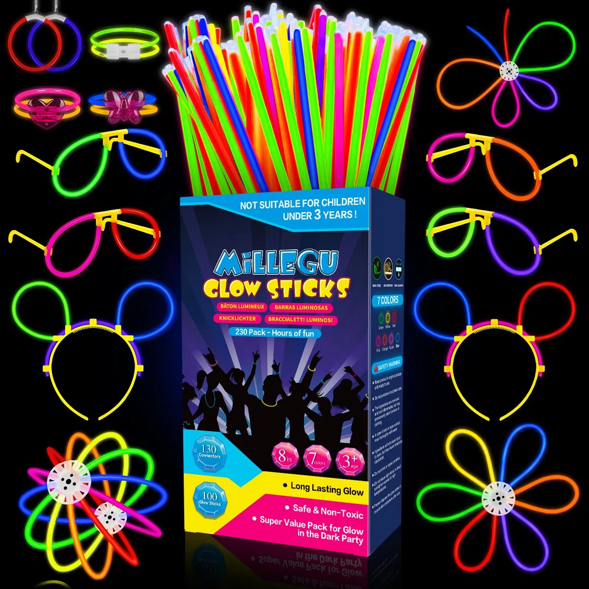 Knicklichter Party Set,100 Stück Leuchtstäbe 130 Verbinder,Neon Knicklichter Ketten und Leuchtbrillen für Kinder, Deko für Festival Hochzeiten Weihnacht Party Silvester Deko 2025